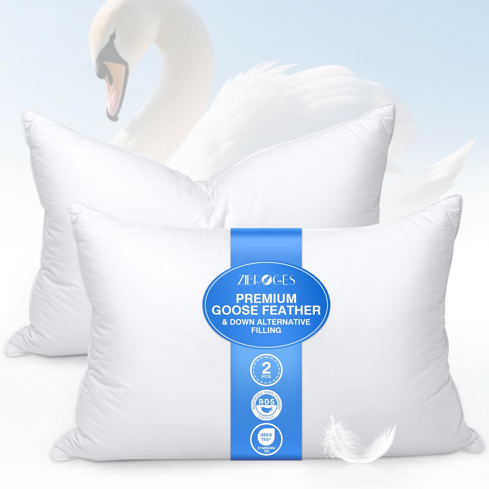 zibroges Goose Feather Pillows Queen Size Pack of 2 - Hotel Down Bed Pillow for Sleeping, Soft 600 Thread Count Cotton Cover, Fluffy Support Surround Fill Polyester for Side, Stomach, Back Sleepers - Medaid International