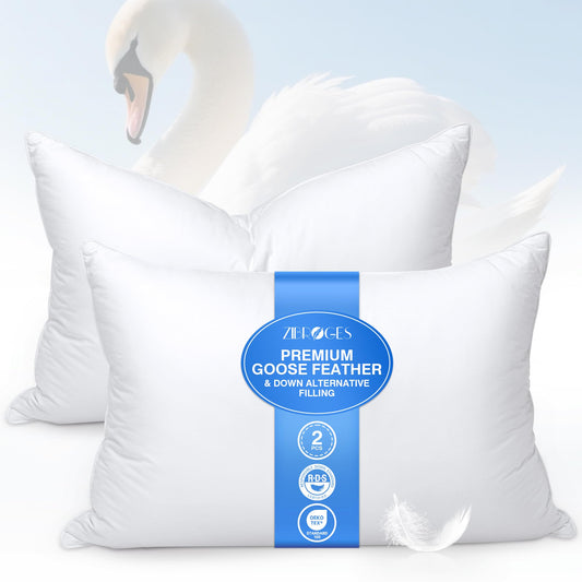 zibroges Goose Feather Pillows Queen Size Pack of 2 - Hotel Down Bed Pillow for Sleeping, Soft 600 Thread Count Cotton Cover, Fluffy Support Surround Fill Polyester for Side, Stomach, Back Sleepers - Medaid International