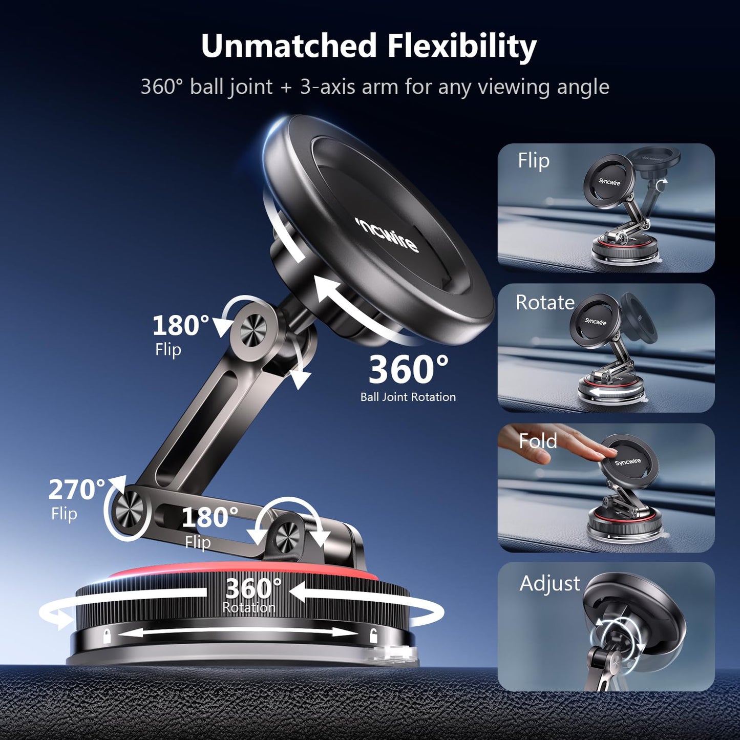SYNCWIRE for MagSafe Car Mount [3-Axis Design] Strong Suction Cup Magnetic Phone Holder, 360° Rotation, Compatible with iPhone 17 Pro Max 16 15 14 13 12, Samsung, Matte Black - Medaid International