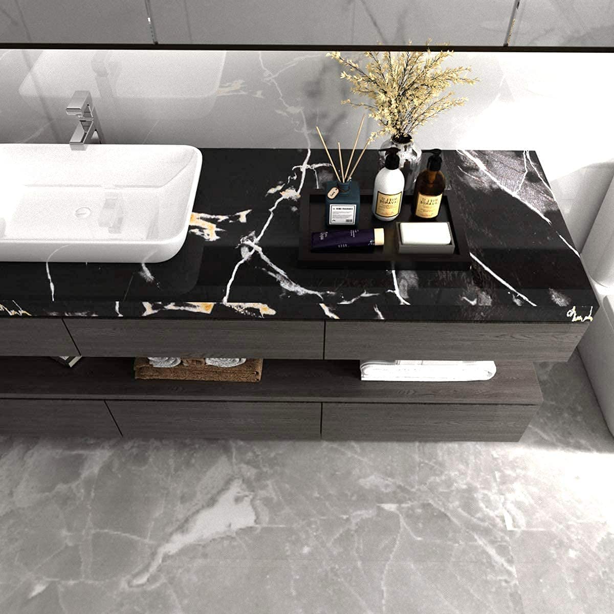 WALLTON Wall Stickers Marble (12 x 48 Inches) Jade Kitchen Counter, Cabinet Makeover, Almirah, Plastic & Wooden Tabletop, Wardrobe, PVC DIY Self Adhesive, Black and Golden Marble Gloss - Medaid International