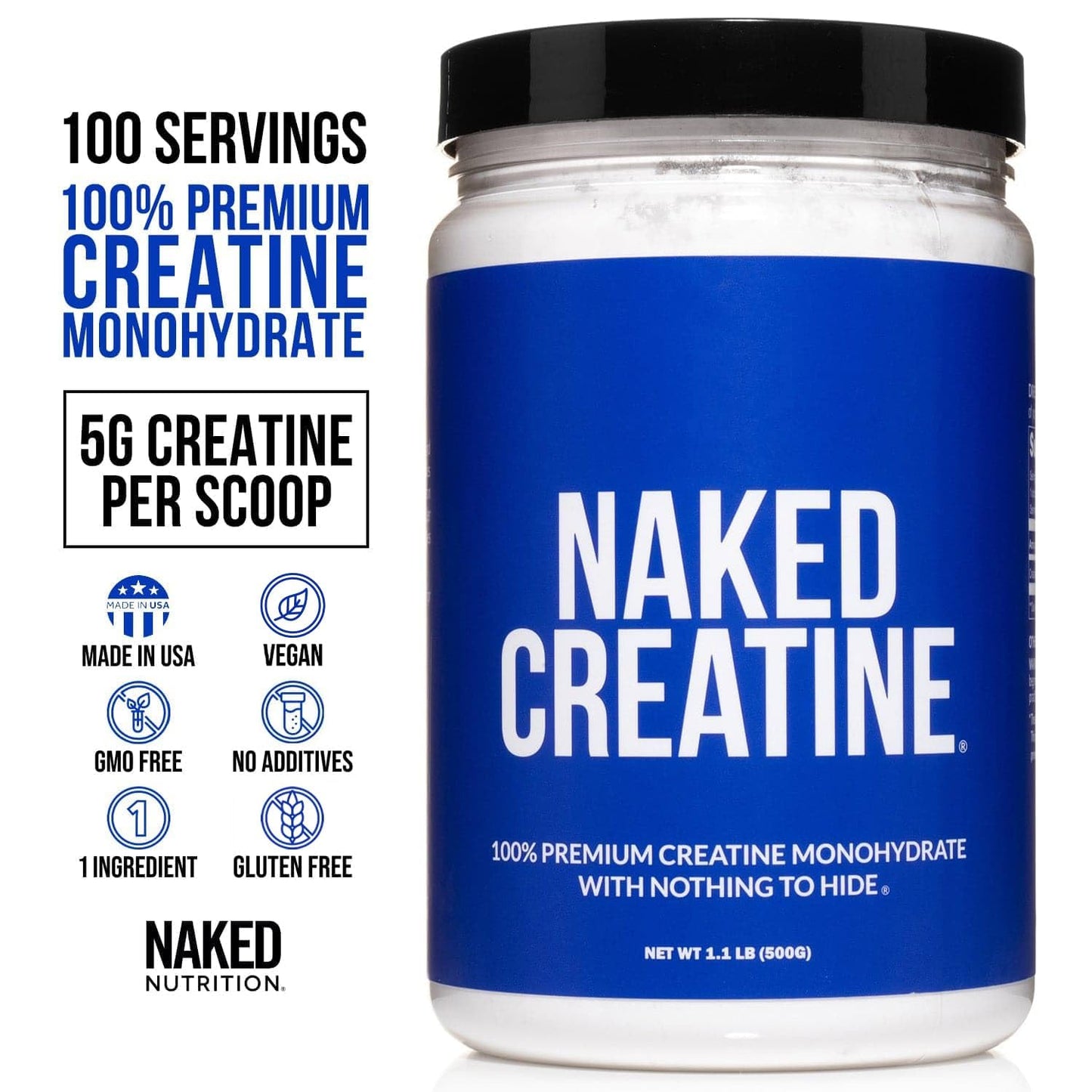 NAKED Pure Micronized Creatine Monohydrate Powder - Unflavored, 500g, 1.1lb Bulk - Vegan, Non-GMO, Gluten-Free, Soy-Free, No Fillers, Supports Muscle Growth & Strength - 100 Servings - Medaid International