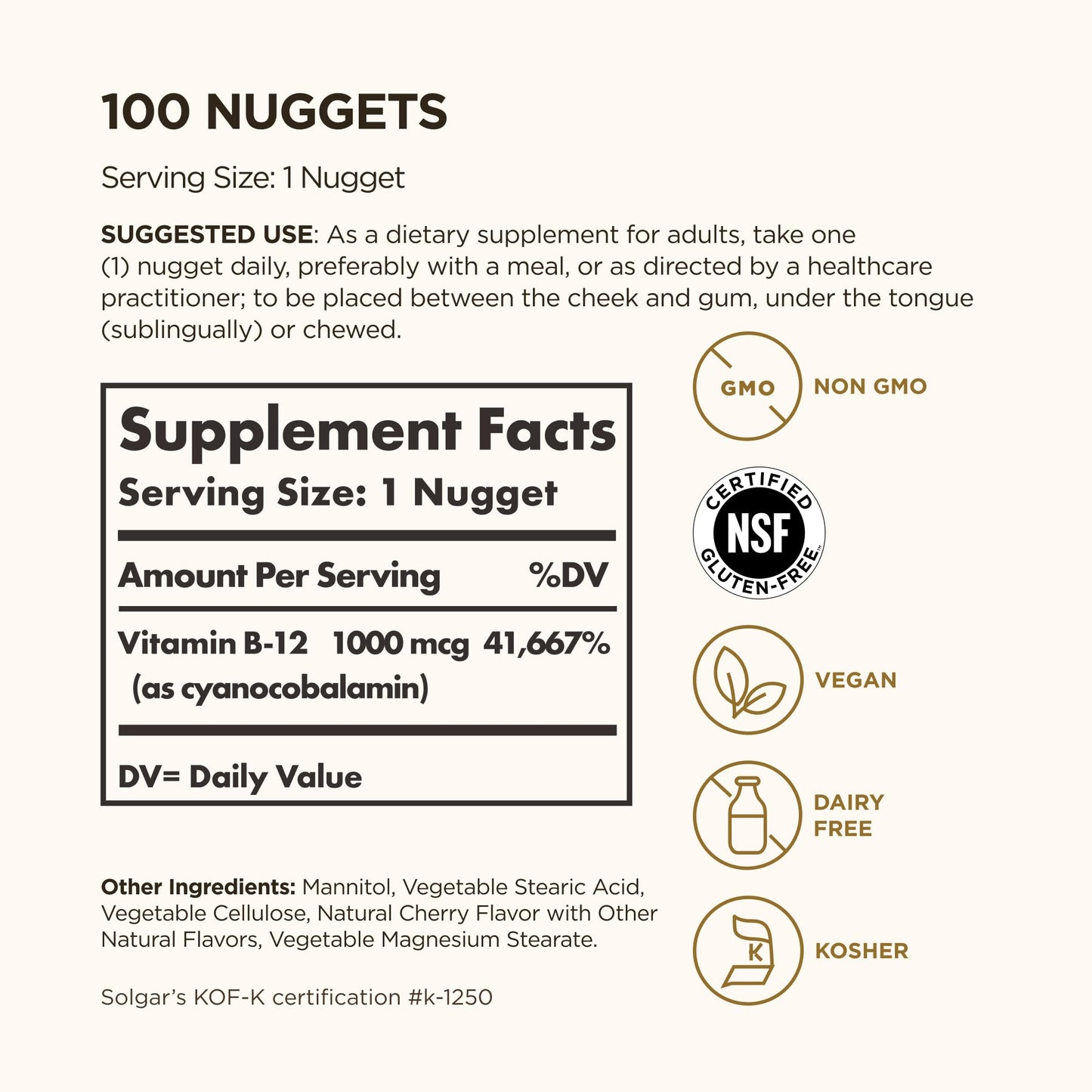 Solgar Vitamin B12 1000 mcg, 100 Nuggets - Energy Production, Red Blood Cells - Healthy Nervous System - Promotes Cardiovascular Health - Vitamin B - Non-GMO, Gluten Free, Kosher - 100 Servings - Medaid International
