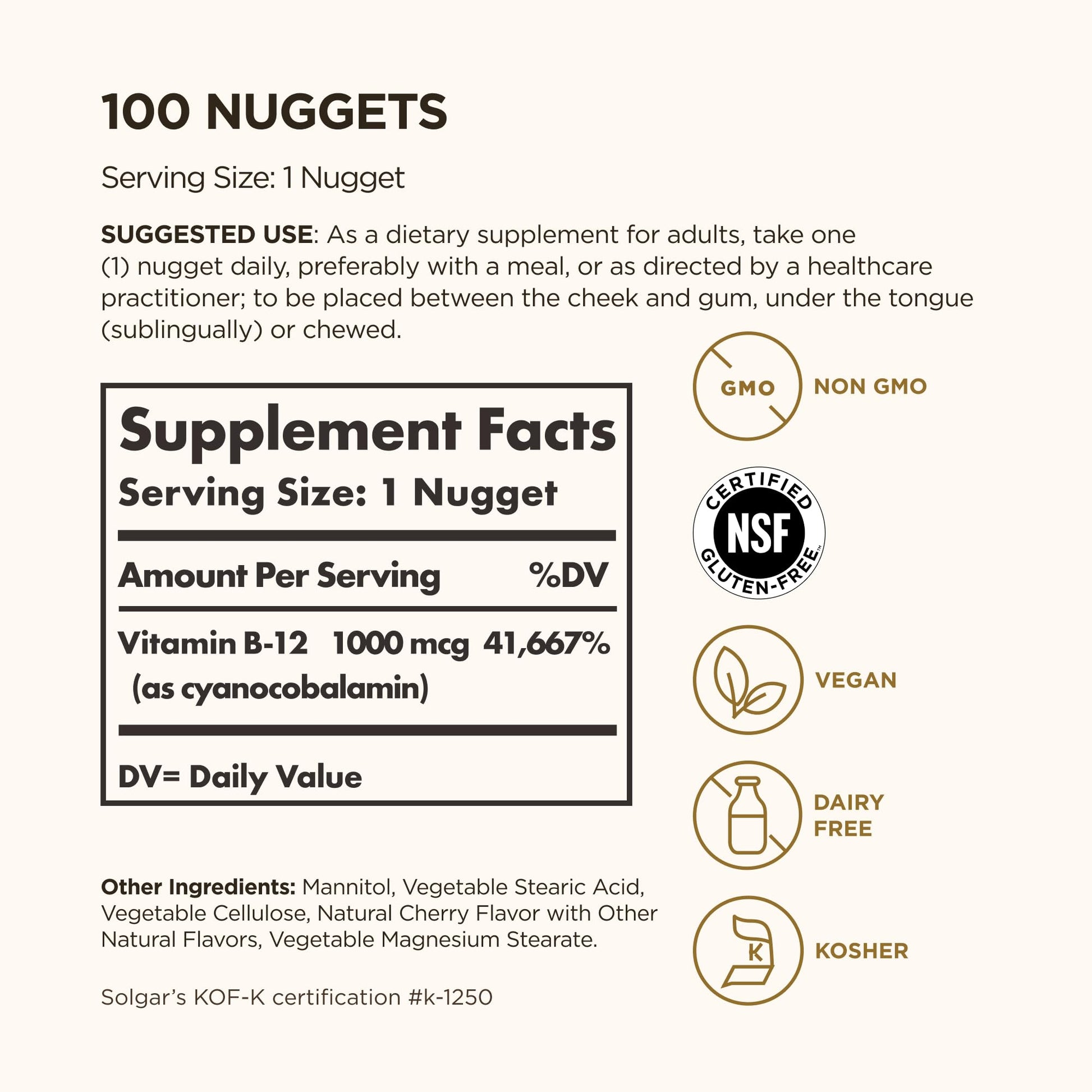 Solgar Vitamin B12 1000 mcg, 100 Nuggets - Energy Production, Red Blood Cells - Healthy Nervous System - Promotes Cardiovascular Health - Vitamin B - Non-GMO, Gluten Free, Kosher - 100 Servings - Medaid International