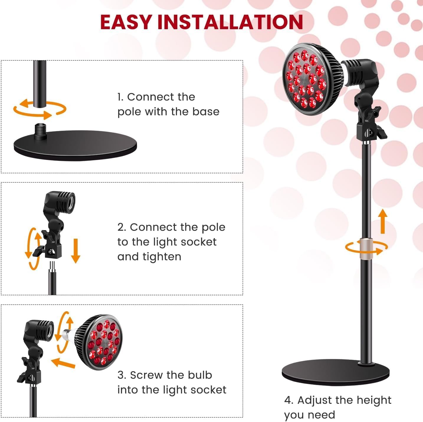 NALACAL Red Light Therapy Lamp for Face and Body，LED Red Light Therapy Bulb with Adjustable Desk Stand (10in-16.5in) with 18 LEDs – 660nm Red and 850nm Near Infrared Combo for Home Use (Black) - Medaid International