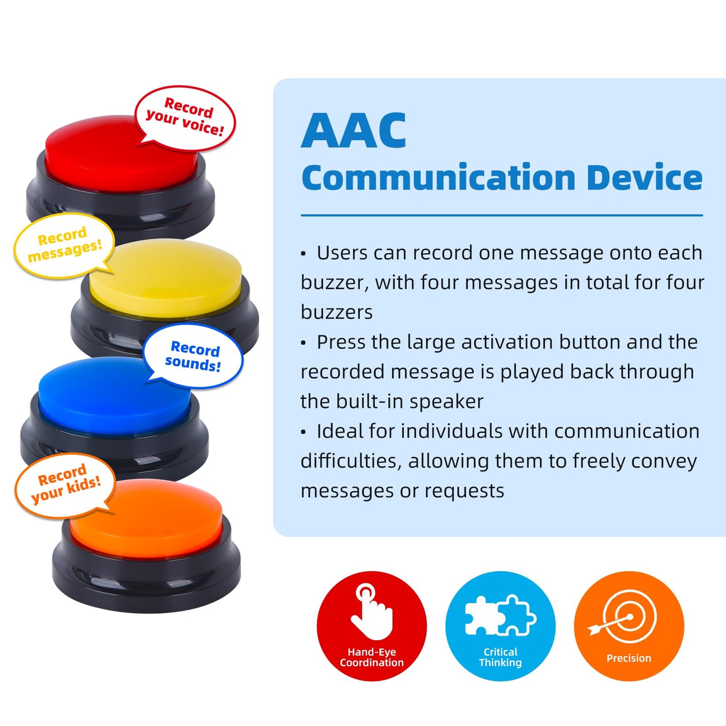 4 Pack Portable AAC Communication Devices for Autism Individuals with Communication Difficulties, Communication Device for Nonverbal Kids, Voice Recording Buttons for Schools, Home, Treatment Courses - Medaid International