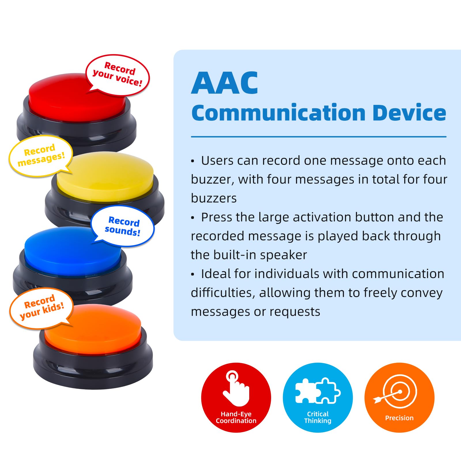 4 Pack Portable AAC Communication Devices for Autism Individuals with Communication Difficulties, Communication Device for Nonverbal Kids, Voice Recording Buttons for Schools, Home, Treatment Courses - Medaid International
