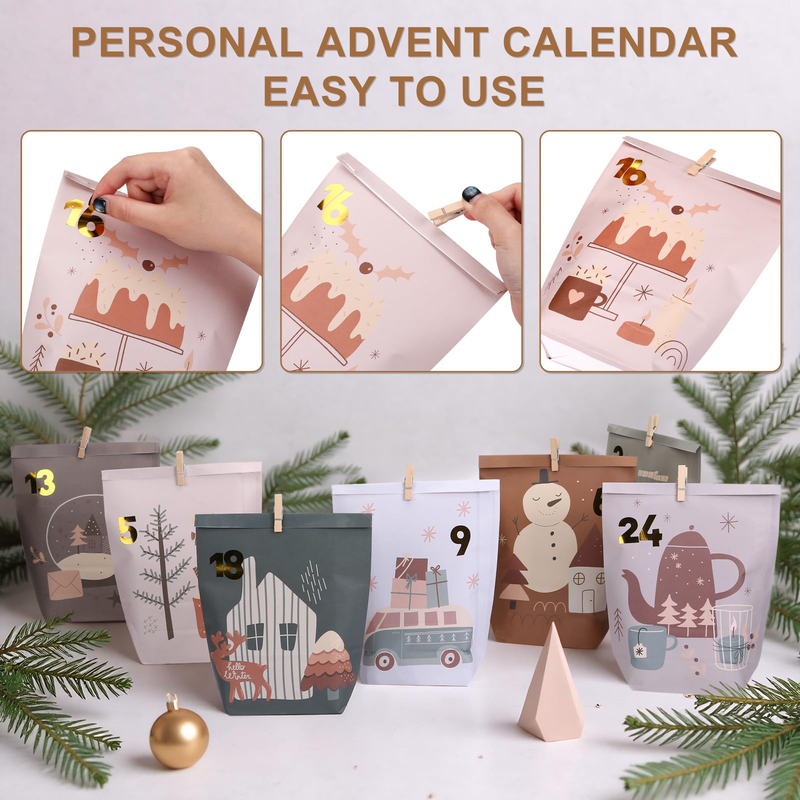 Yinsun Advent Calendar 2025, 24 Christmas Advent Calendars to Fill for Countdown - Empty Christmas Gift Paper Bags with Wooden Clips for Children and Adults DIY Craft - Medaid International