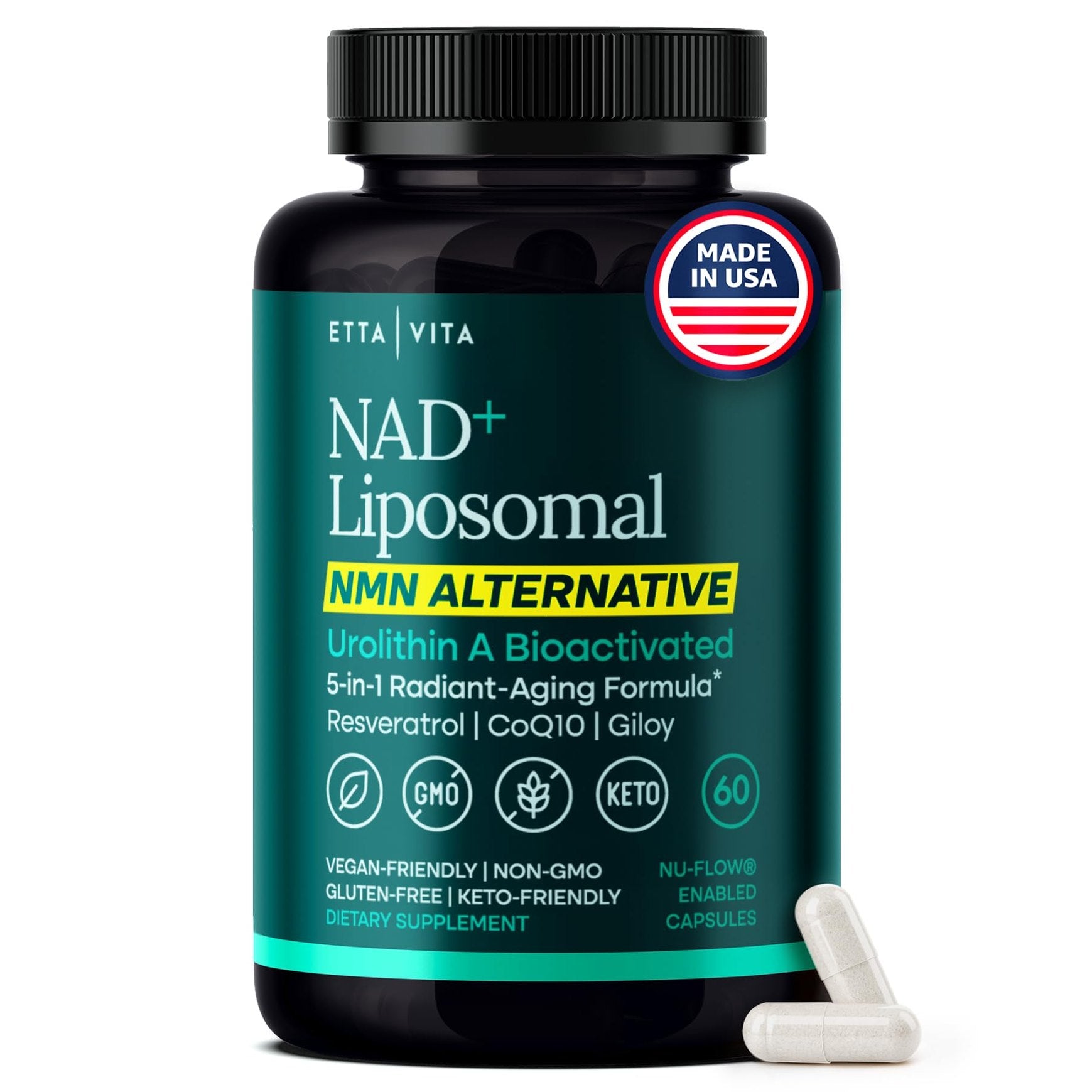 Liposomal NAD+ Supplement 500mg with Urolithin A, CoQ10, Resveratrol & Giloy (Made in USA), NAD Supplement for Cellular Energy, Cognitive, Anti-Aging & Detox Support - 3rd Party Tested Vegan, Non-GMO - Medaid International