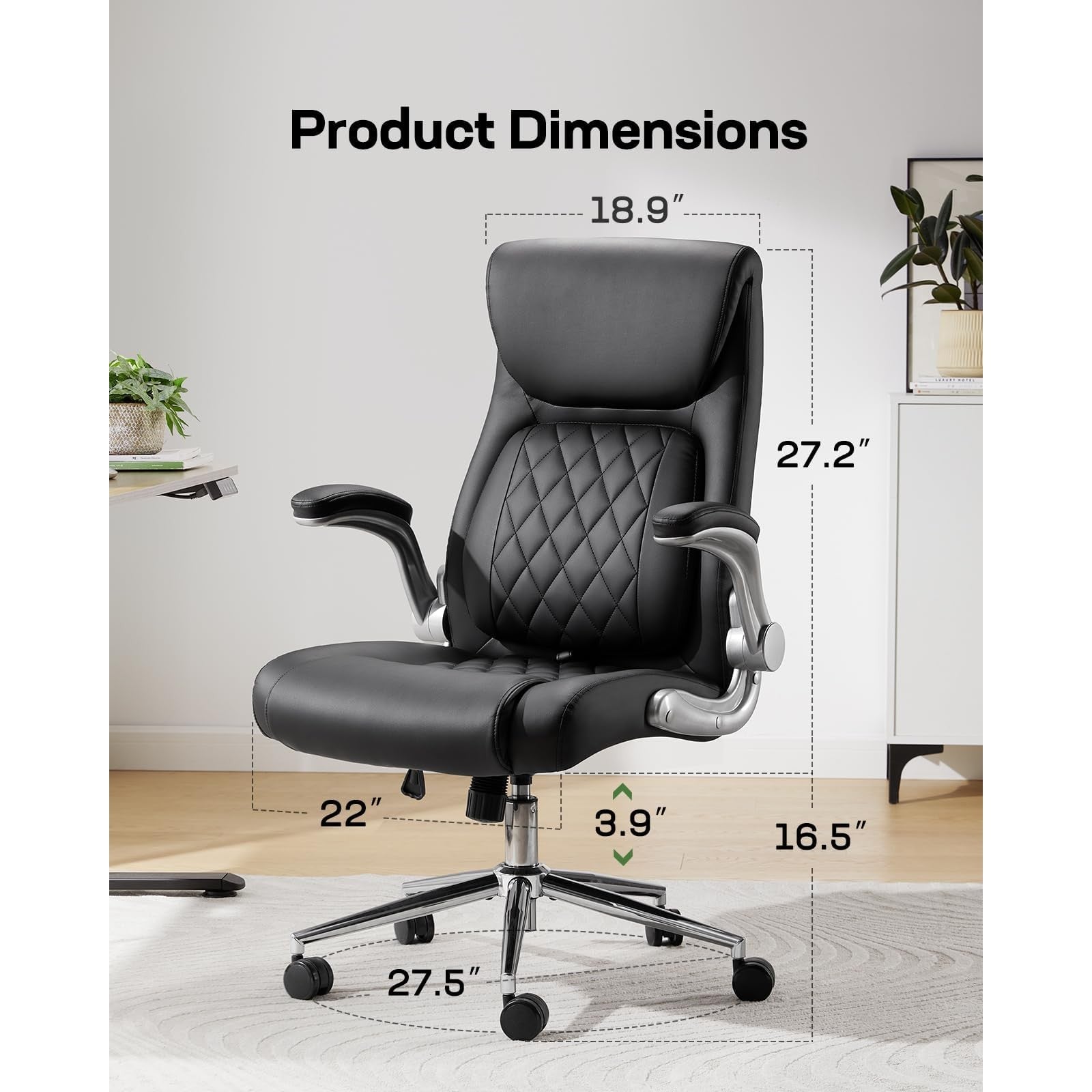 Marsail Ergonomic PU-Leather Office Chair: 5 Settings Lumbar Support, Executive Office Chair Height Adjustable with Padded Flip-up Arms, Executive Desk Chair for Working Study-Black - Medaid International