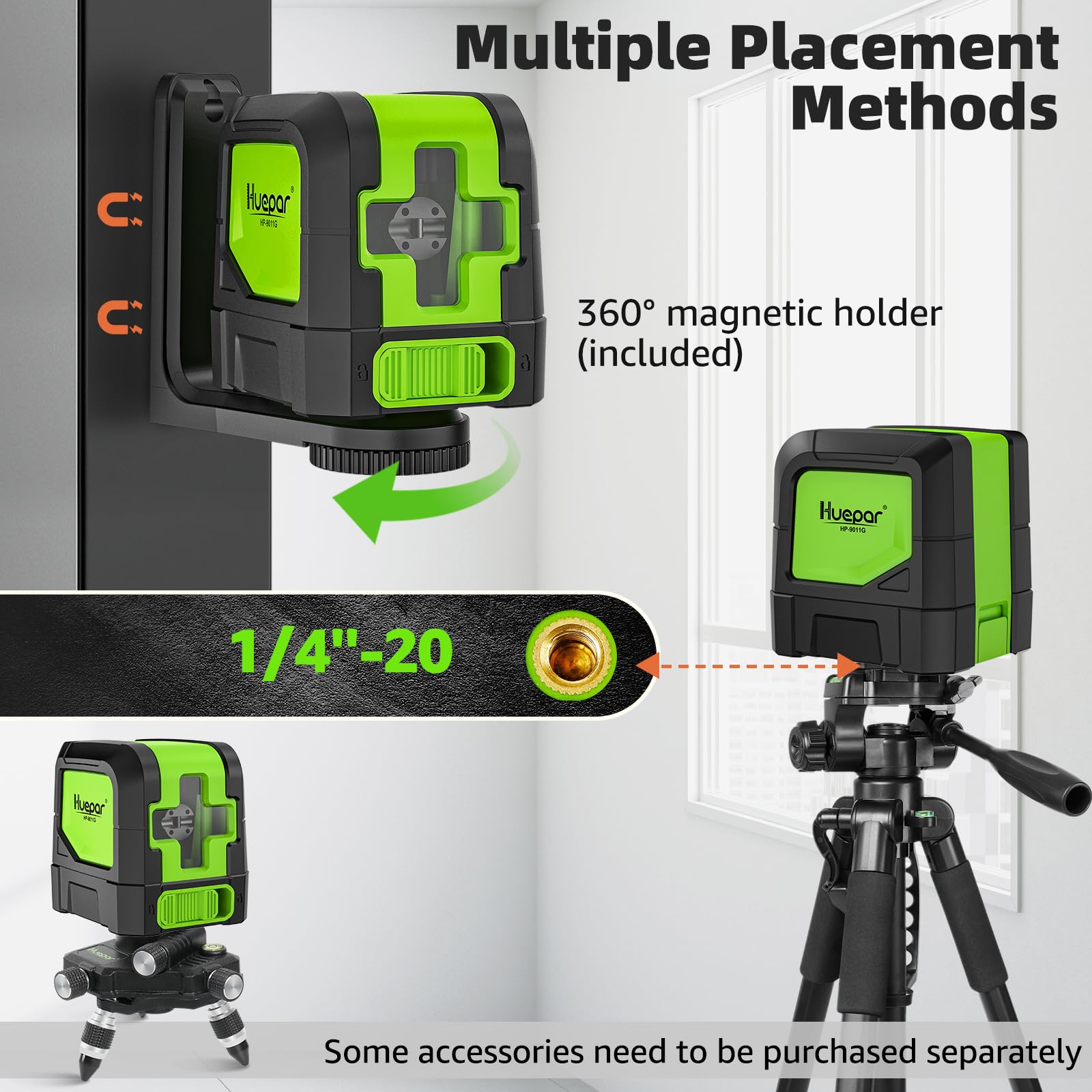Huepar Laser Level, 100Ft Self Leveling Green Cross Line Laser for Picture Hanging, Tile, Decoration & DIY Construction – 360° Magnetic Base & AA Battery, Indoor Use - Medaid International