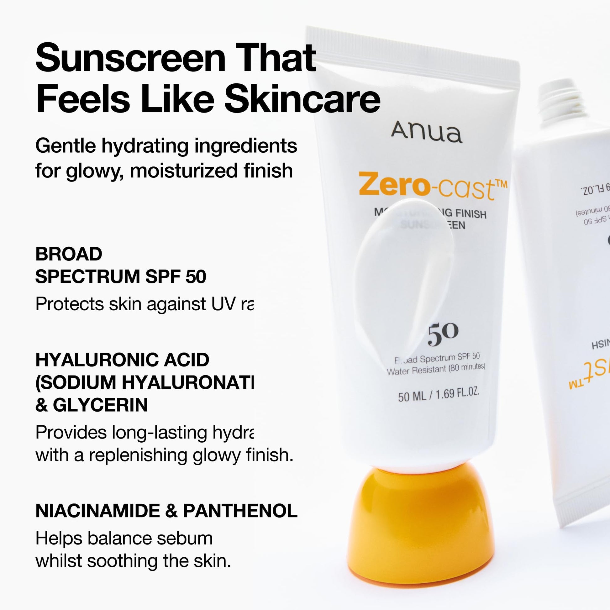 Anua Zero-Cast Moisturizing Finish Sunscreen,SPF 50, Glow Natural Sunscreen,No White Cast, Hyaluronic Acid, Niacinamide Sun Block For face,Oil-Free, Oxybenzone Free, Travel Essential (50ml/1.69fl.oz) - Medaid International