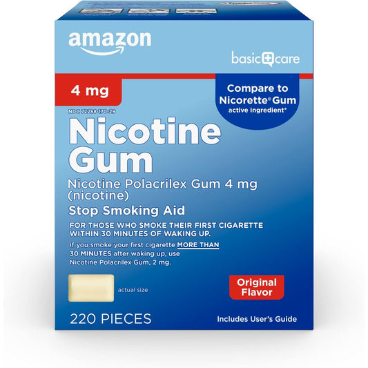 Amazon Basic Care Uncoated Nicotine Polacrilex Gum 4 mg, Original Flavor, Stop Smoking Aid, Quit Smoking, Nicotine Replacement, 220 Count
