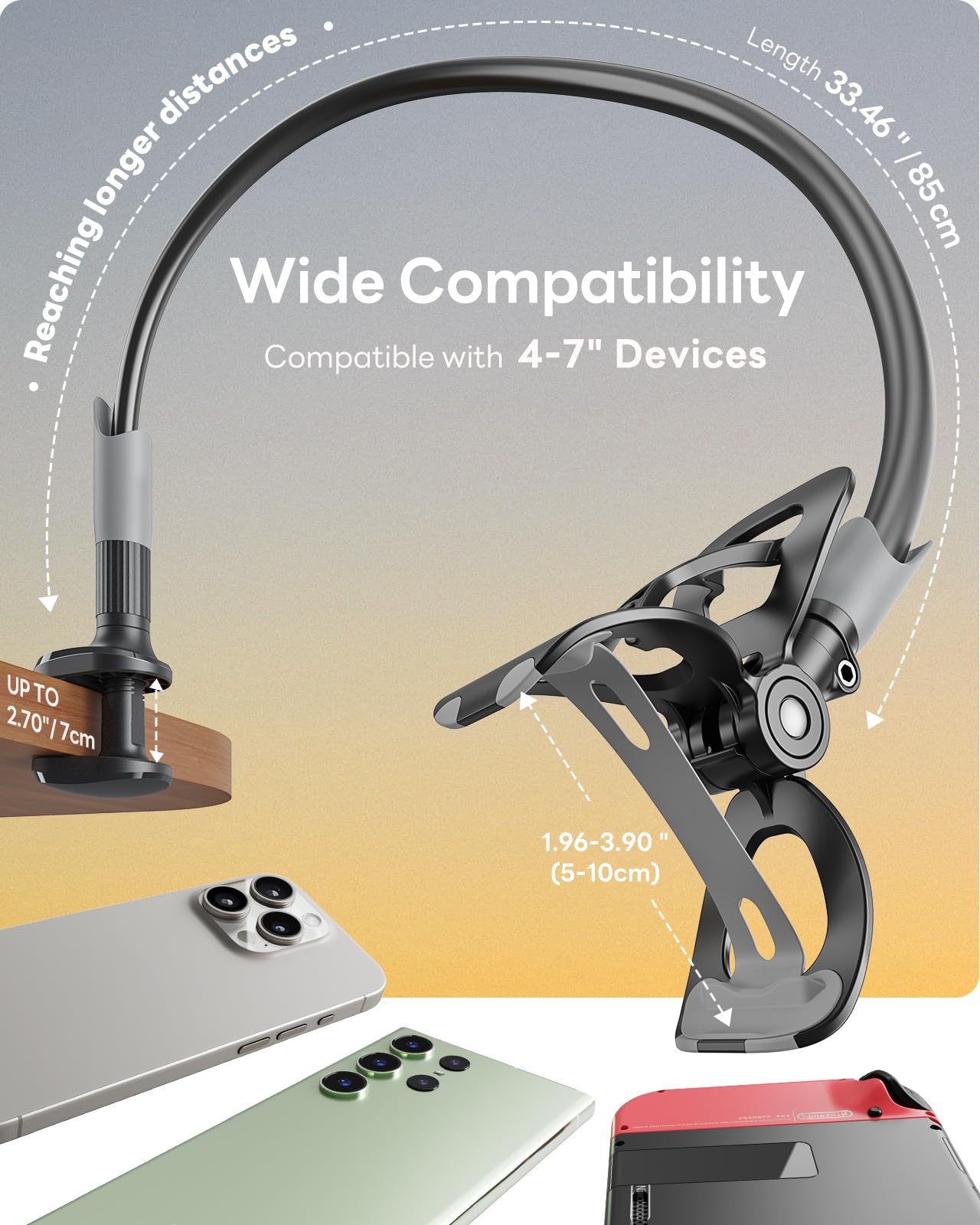 SAIJI Gooseneck Bed Phone Holder, Flexible Long Arm Phone Mount for Desk, Clip Bracket Clamp Stand, iPhone Stand, Mobile Cell Phone Stand Document Camera Nintendo Switch (Black) - Medaid International
