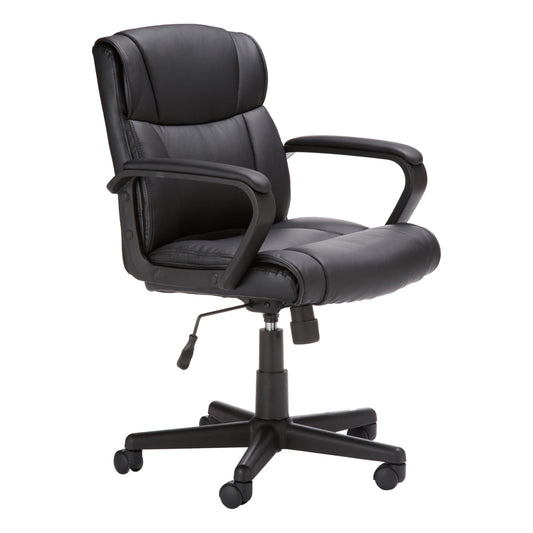 Amazon Basics Office Computer Task Desk Chair with Padded Armrests, Mid-Back, Adjustable, 360 Swivel, Rolling, 275 Pound Capacity, 24.2"D x 24"W x 34.8"H, Black Faux Leather - Medaid International