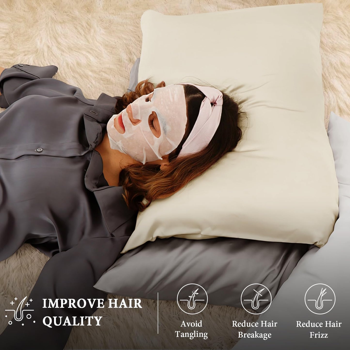 BHZ Satin Goose Down Feather Pillows King Size with Beige Satin Pillowcase for Hair and Skin, Cooling Pillow Cases Similar to Silk Pillow Cases, Christmas Decorative Gifts for Women, Mom Men - Medaid International