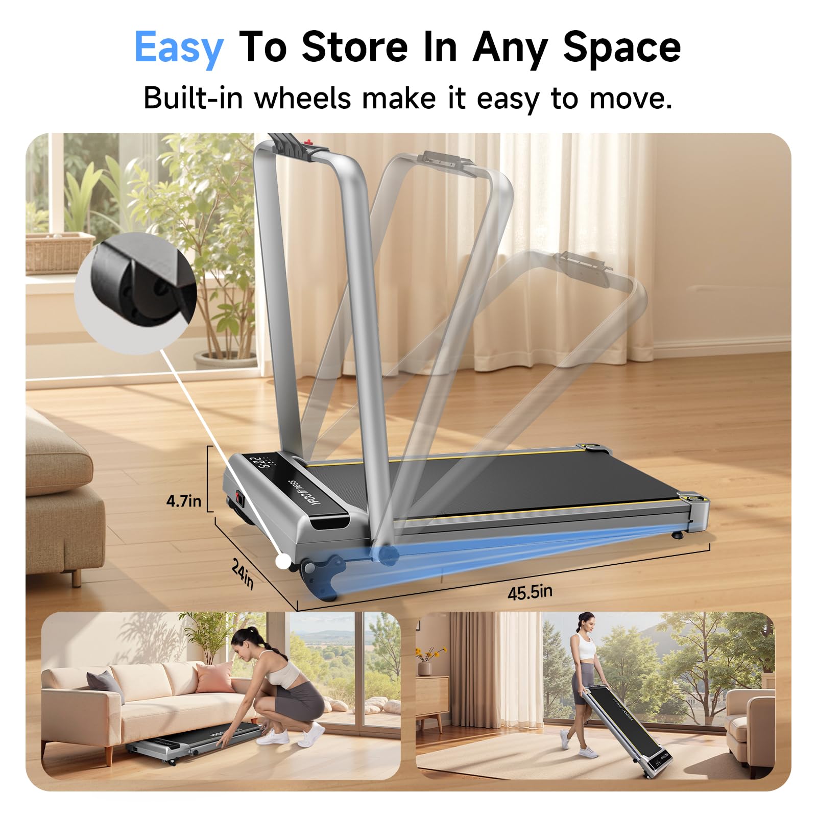 YPOO Walking Pad with Handles, Walking Pad Treadmill with Incline, 2 in 1 Foldable Treadmills for Home Small Spaces, Portable Under Desk Treadmill with 3-Level Incline, Compact Design - Medaid International