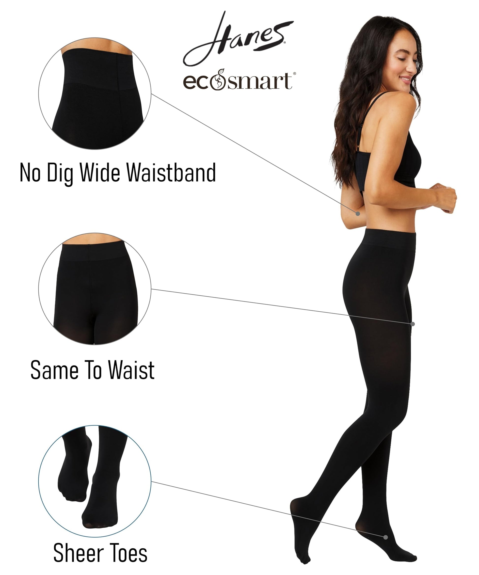 Hanes EcoSmart Blackout Tights, Same to Waist, Sheer Toe, Black, Size Small (Pack of 1) - Medaid International