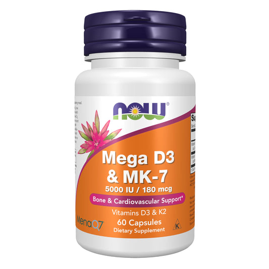 NOW Foods Supplements, Mega D-3 & MK-7 with Vitamins D-3 & K-2, 5,000 IU/180 mcg, Bone & Cardiovascular Support*, 60 Veg Capsules - Medaid International