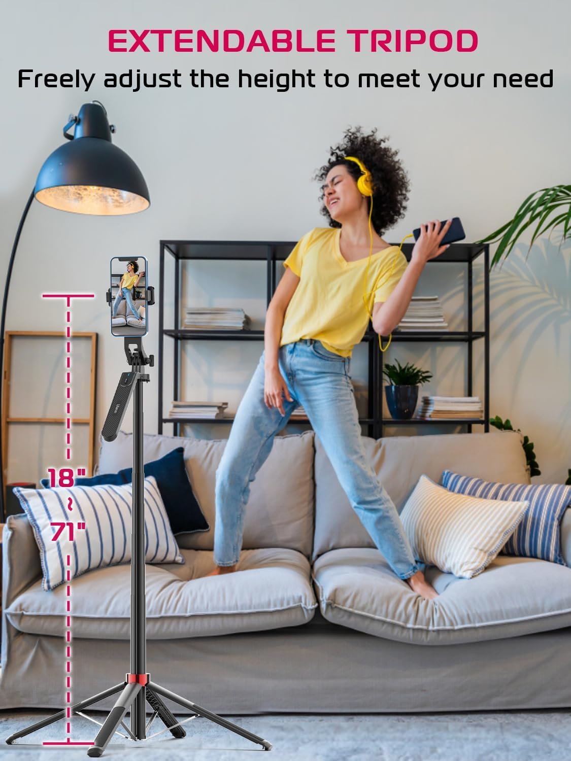 ULANZI MA09 Extendable Phone Tripod, 71" Selfie Stick Vlog Tripod Stand Quadrapod with All in 1 Phone Clip, Travel Tripods Cellphone Holder w Rechargeable Remote for iPhone Sony Canon Action Camera - Medaid International