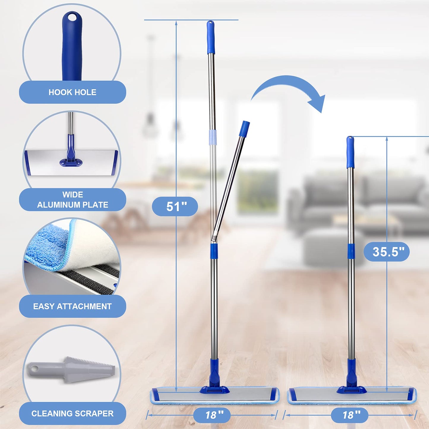 18" Professional Microfiber Mop Floor Cleaning System, Flat Mop with Stainless Steel Handle, 4 Reusable Washable Mop Pads, Wet and Dust Mopping for Hardwood, Vinyl, Laminate, Tile Cleaning - Medaid International
