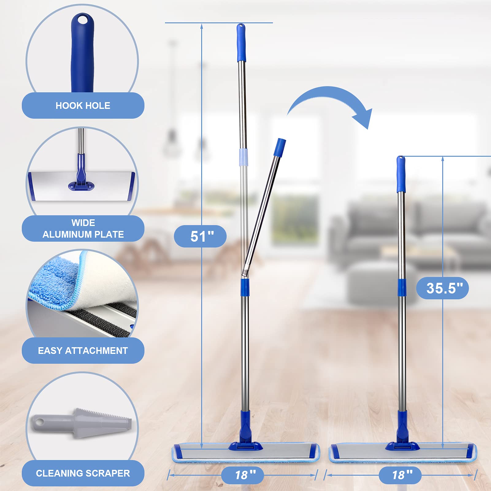18" Professional Microfiber Mop Floor Cleaning System, Flat Mop with Stainless Steel Handle, 4 Reusable Washable Mop Pads, Wet and Dust Mopping for Hardwood, Vinyl, Laminate, Tile Cleaning - Medaid International