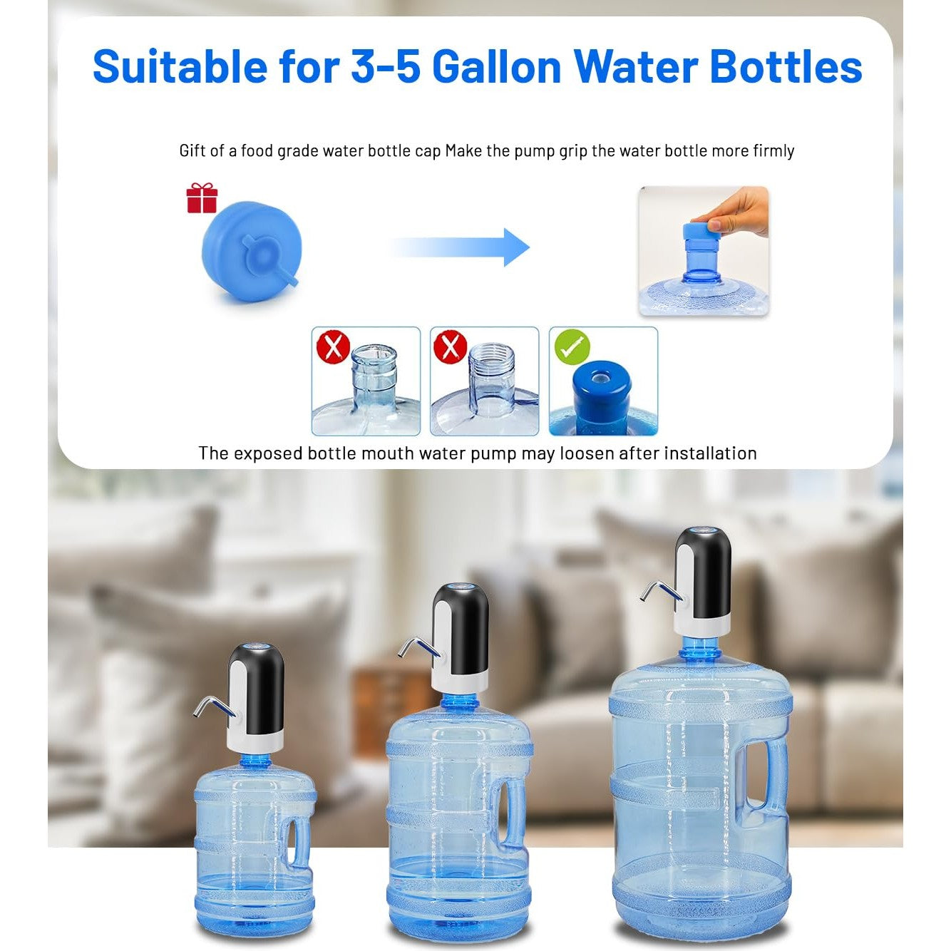 Myvision Water Dispenser for 5 Gallon Bottle, Portable USB Charging Electric Water Pump, Drinking Water Jug Pump for Home, Kitchen, Living Room, Office, Camping, Universal for 3-5 Gallon (Black) - Medaid International