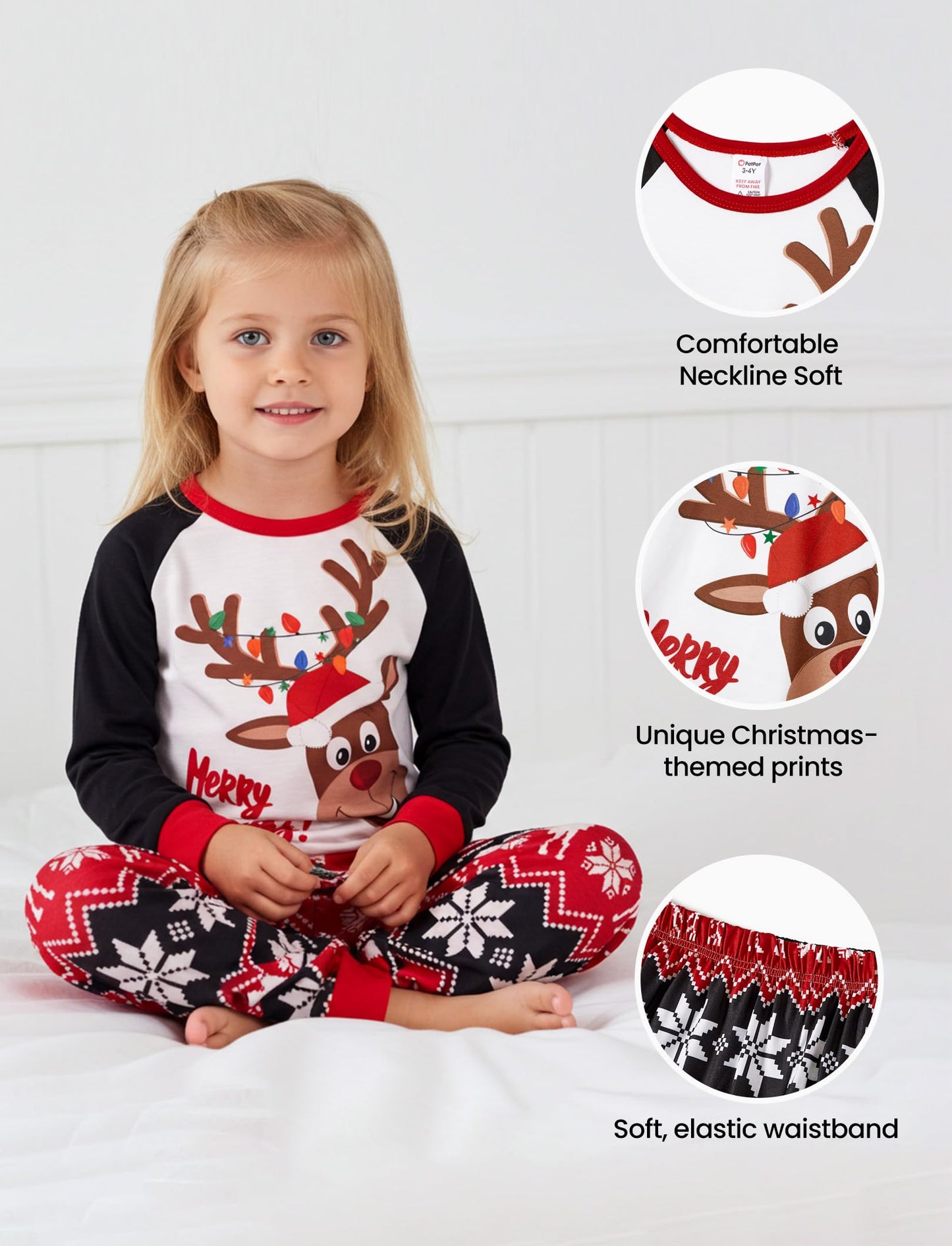 PATPAT Christmas Family Matching Pajamas, Red Black Reindeer, Kids, 9-10 Years - Medaid International