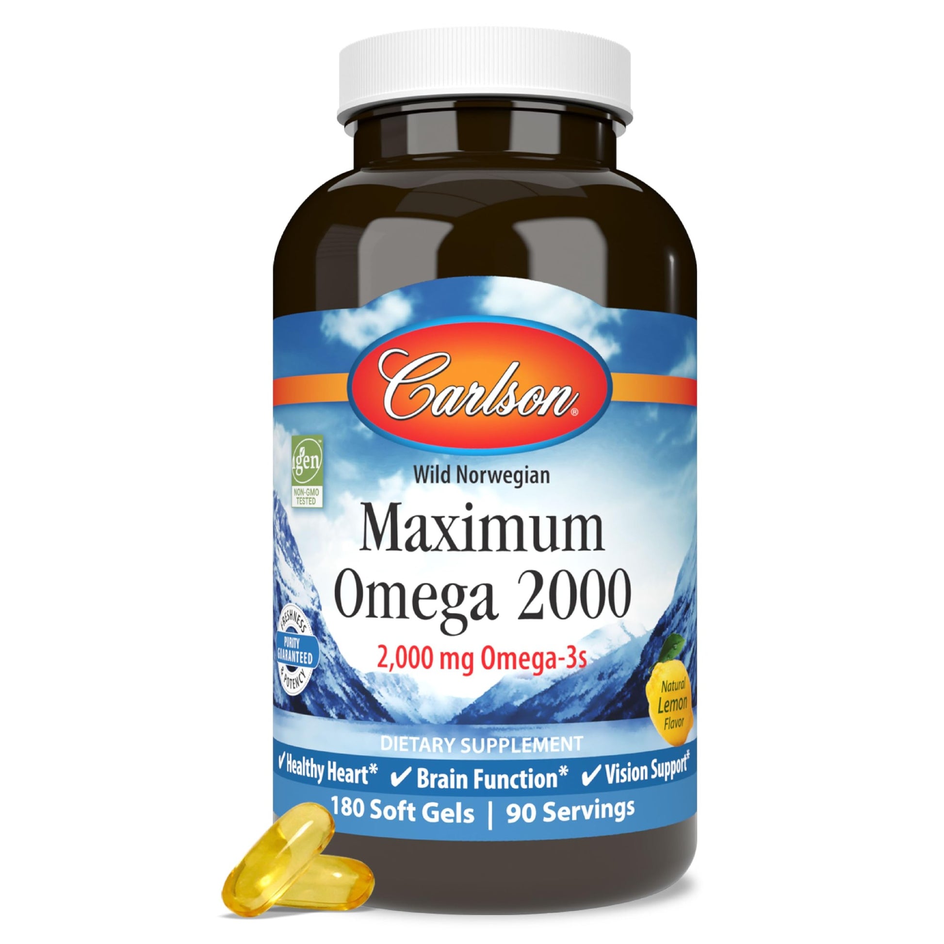 Carlson - Maximum Omega 2000, 2000 mg Omega-3 Fatty Acids Including EPA and DHA, Wild-Caught, Norwegian Fish Oil Supplement, Sustainably Sourced Fish Oil Capsules, Lemon, 180 Softgels - Medaid International