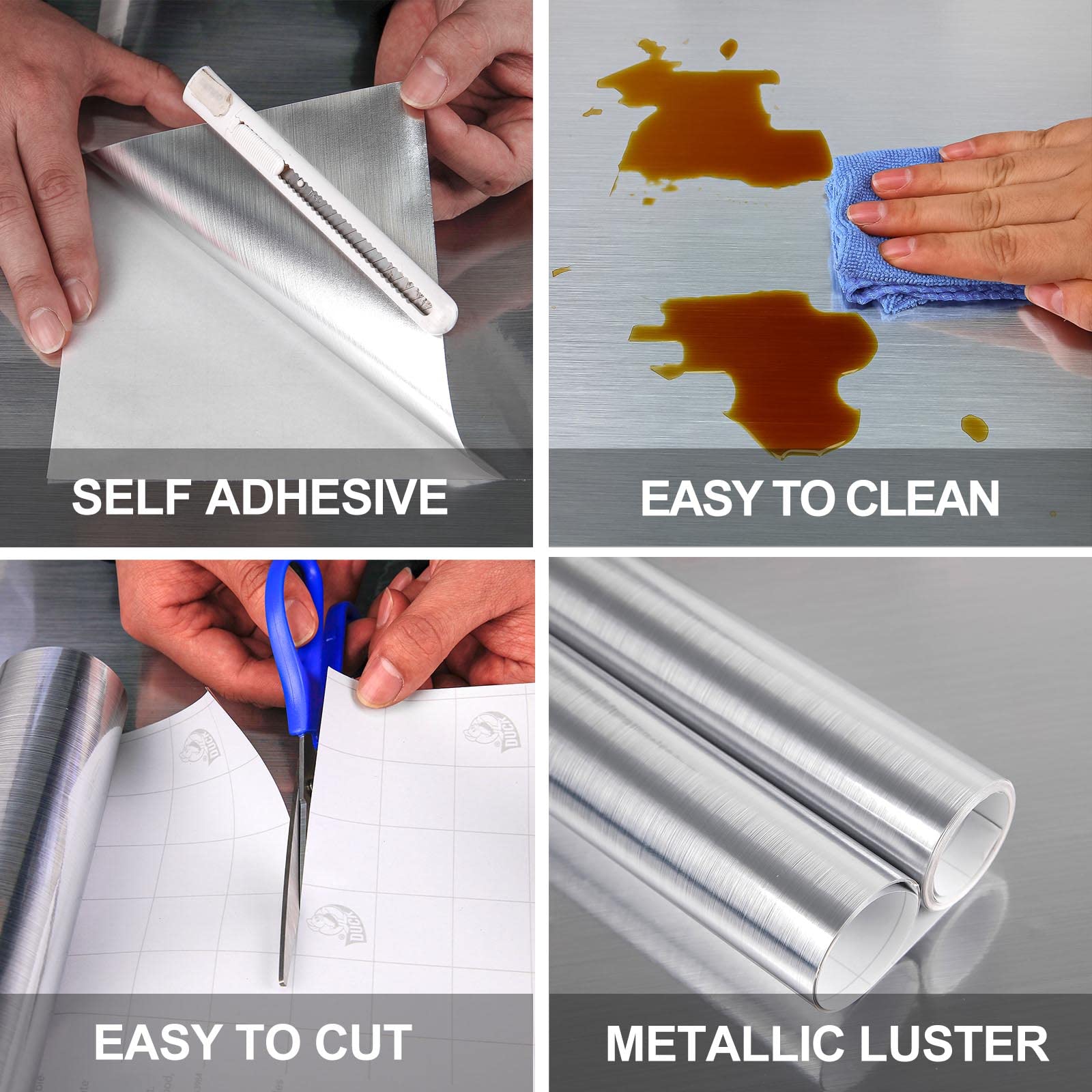 Silver Stainless Steel Wallpaper Self-Adhesive Cleanable Removable Peel and Stick 17.71" X 196.8" Refrigerator Speaker Oven Appliances Furniture Renovation Bathroom Kitchen - Medaid International