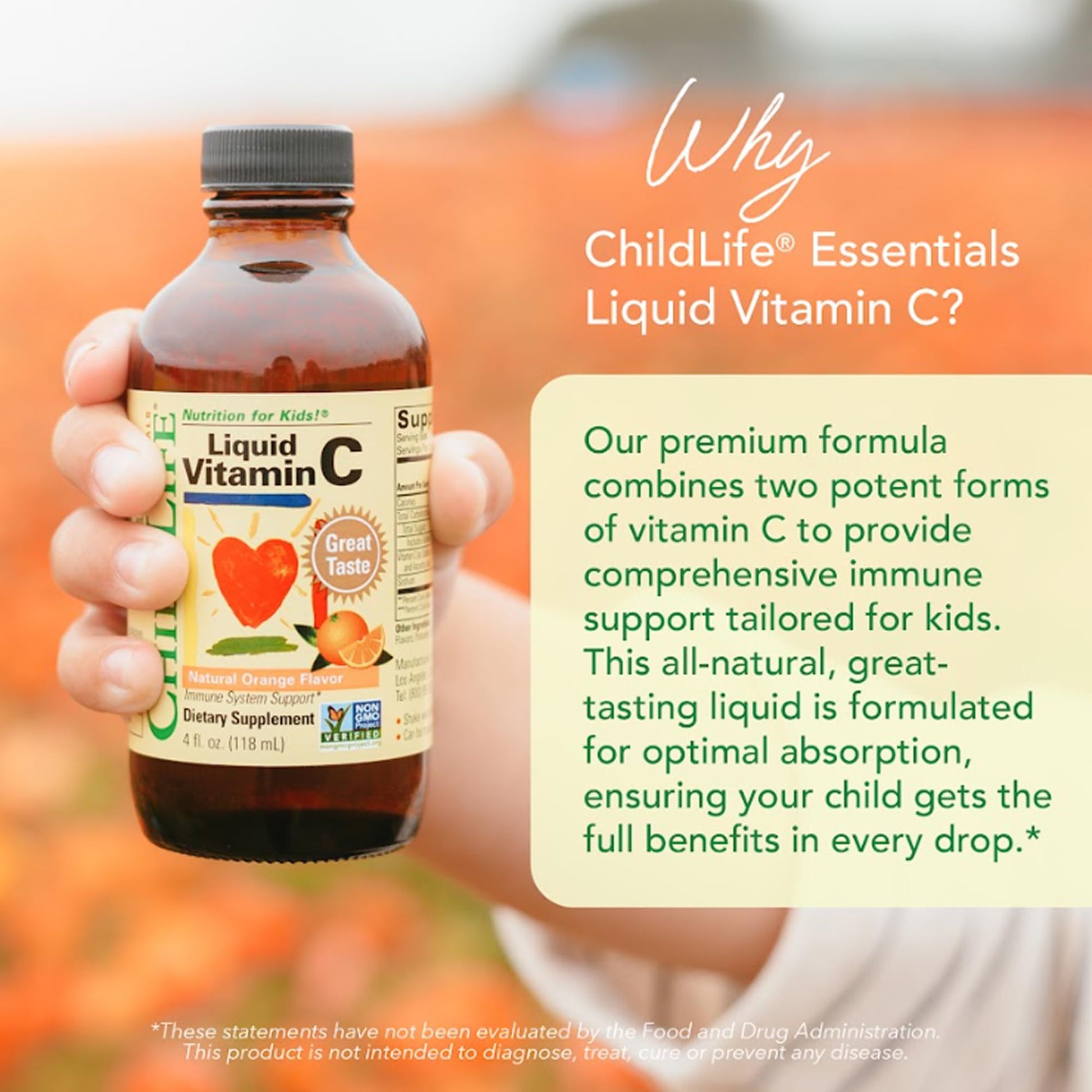 CHILDLIFE ESSENTIALS Liquid Vitamin C - Pure Vitamin C Liquid Supplement for Kids, Toddlers, & Babies, Immune System Support, Natural Orange Flavor, 4 Fl Oz (Pack of 1) - Medaid International
