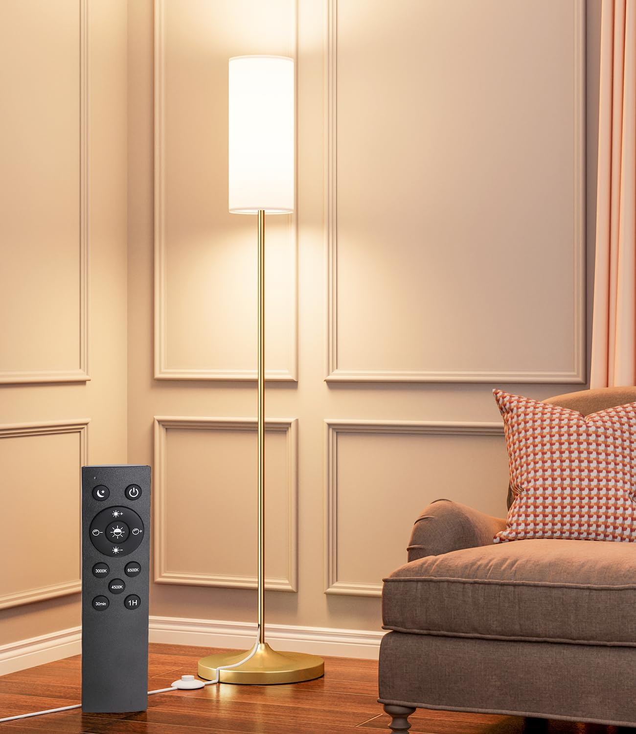 luckystyle LED Floor Lamp for Living Room, Dimmable Standing Lamps with Foot Switch,Remote Custom Color Temperature Black Pole Lamp with Lampshade,12W Led Bulb Tall Lamps for Office Kid Room Bedroom - Medaid International