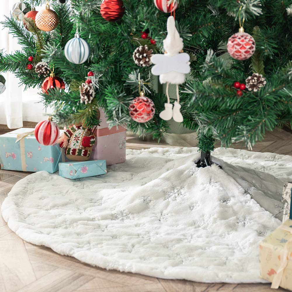 Amidaky Christmas Tree Skirt 48 inches White Faux Fur Silver Snowflake Sequin Embroidered Luxury Tree Skirt Xmas Decoration - Medaid International