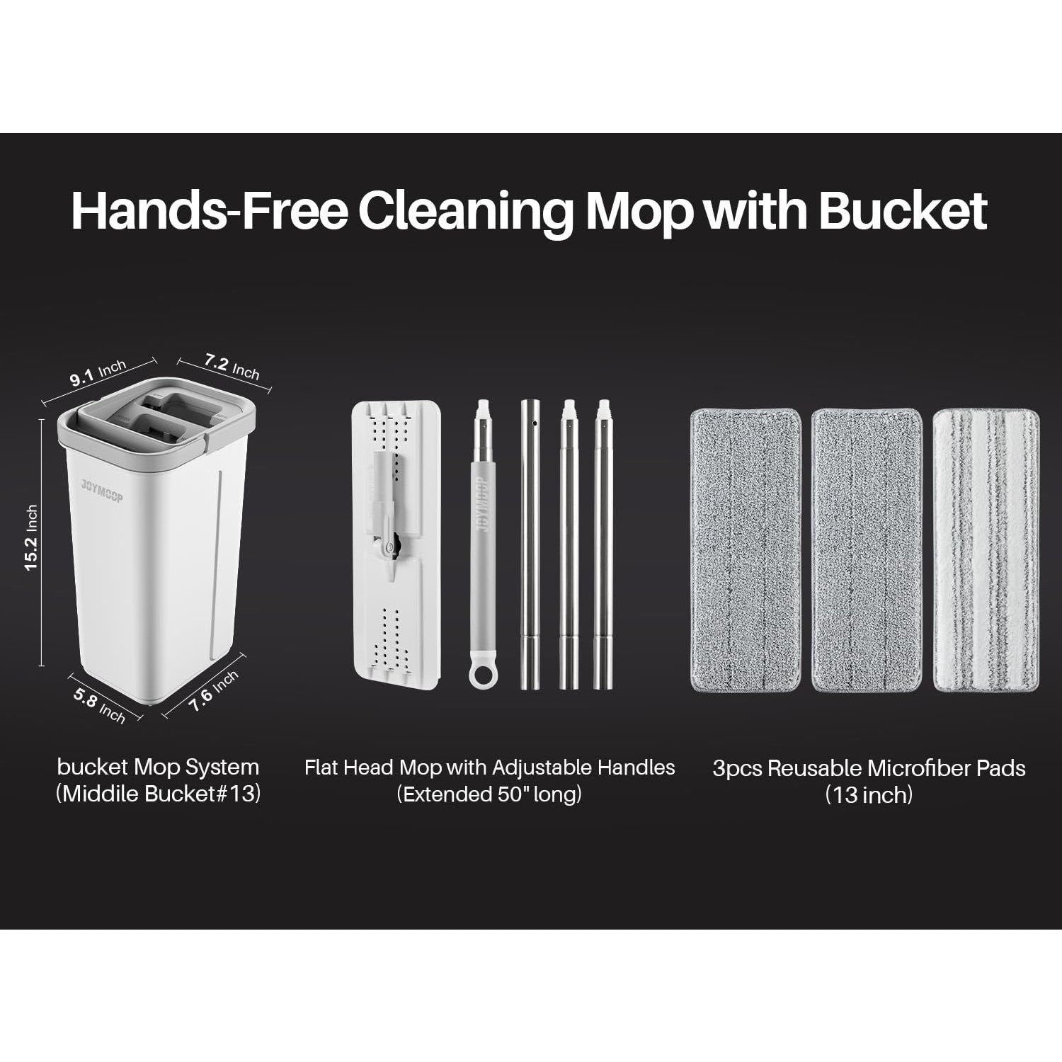 JOYMOOP Mop and Bucket with Wringer Set, Hands Free Flat Floor Mop and Bucket, with 3 Washable Microfiber Pads, Wet and Dry Use, Floor Cleaning System - Medaid International