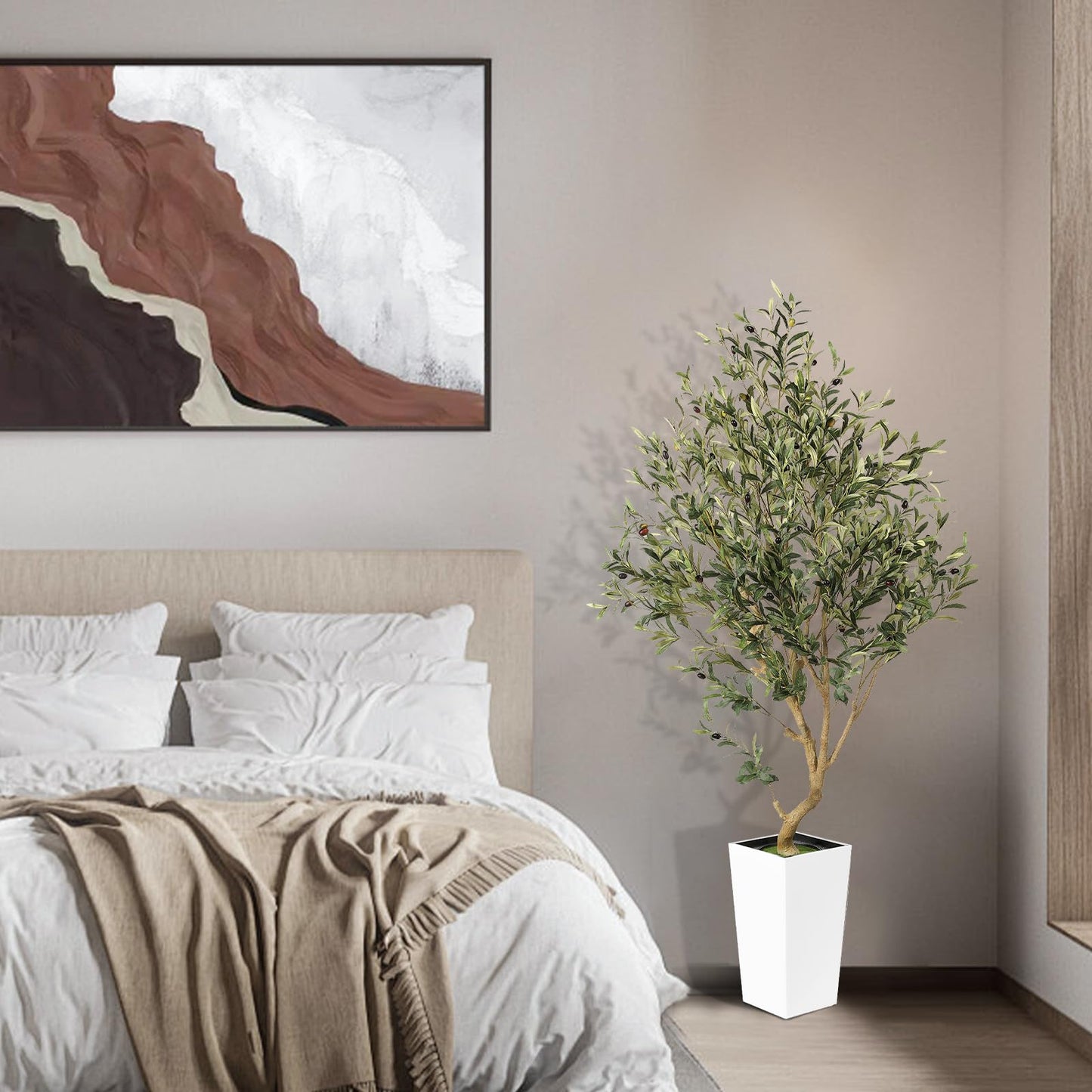 PHYTREE 5.5FT Olive Tree Artificial Indoor - Faux Olive Tree with White Tall Planter, Large Fake Potted Olive Plants with Natural Wood Trunk, Artificial Trees for Home Office Decor Indoor - Medaid International