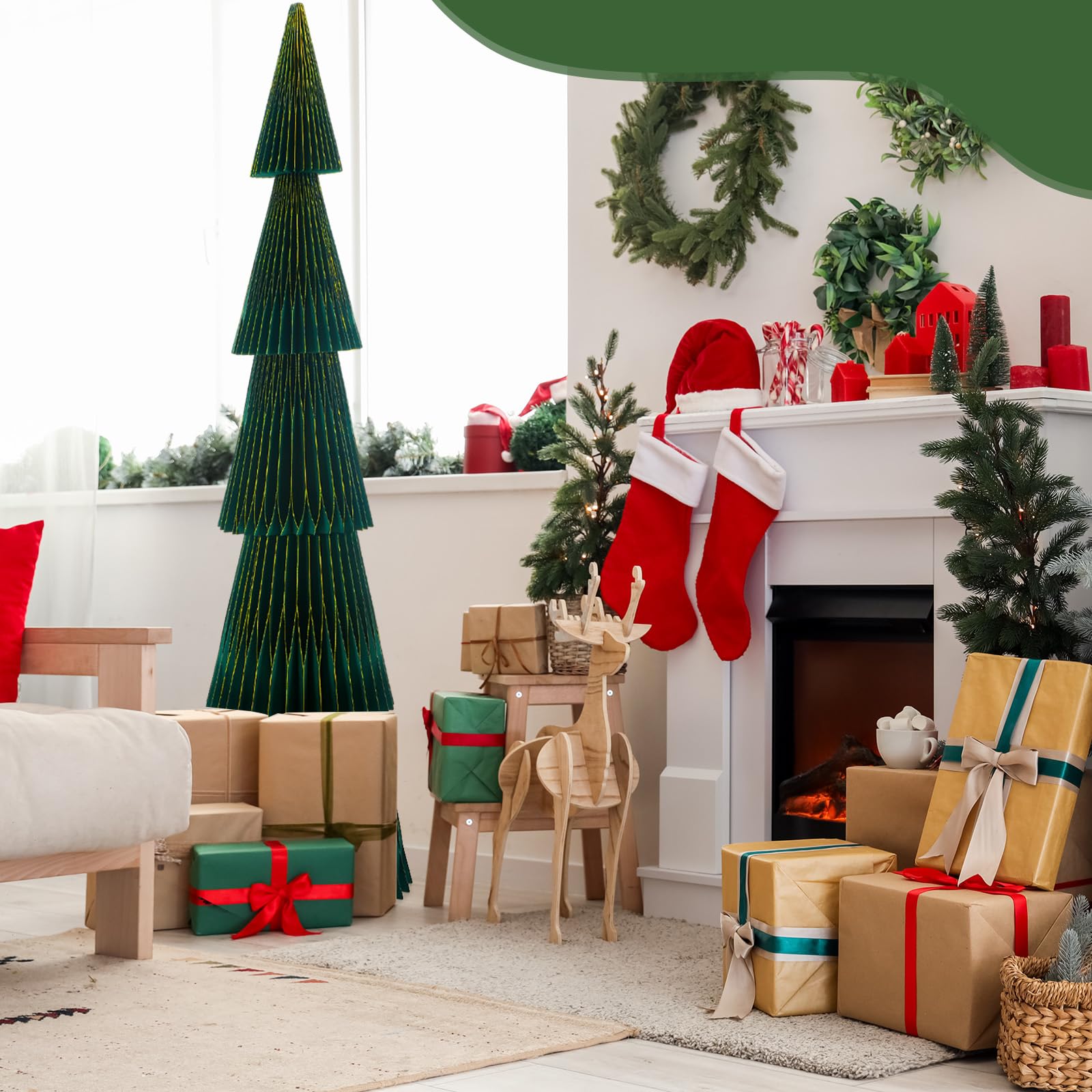 Motipuns 5.92ft ×19inch Giant Honeycomb Paper Christmas Trees Dark Green Extra Large 3D Honeycomb Christmas Trees Glitter Edge Magnetic Folding Xmas Paper Accordion for Home Mantel Holiday Party Decor - Medaid International