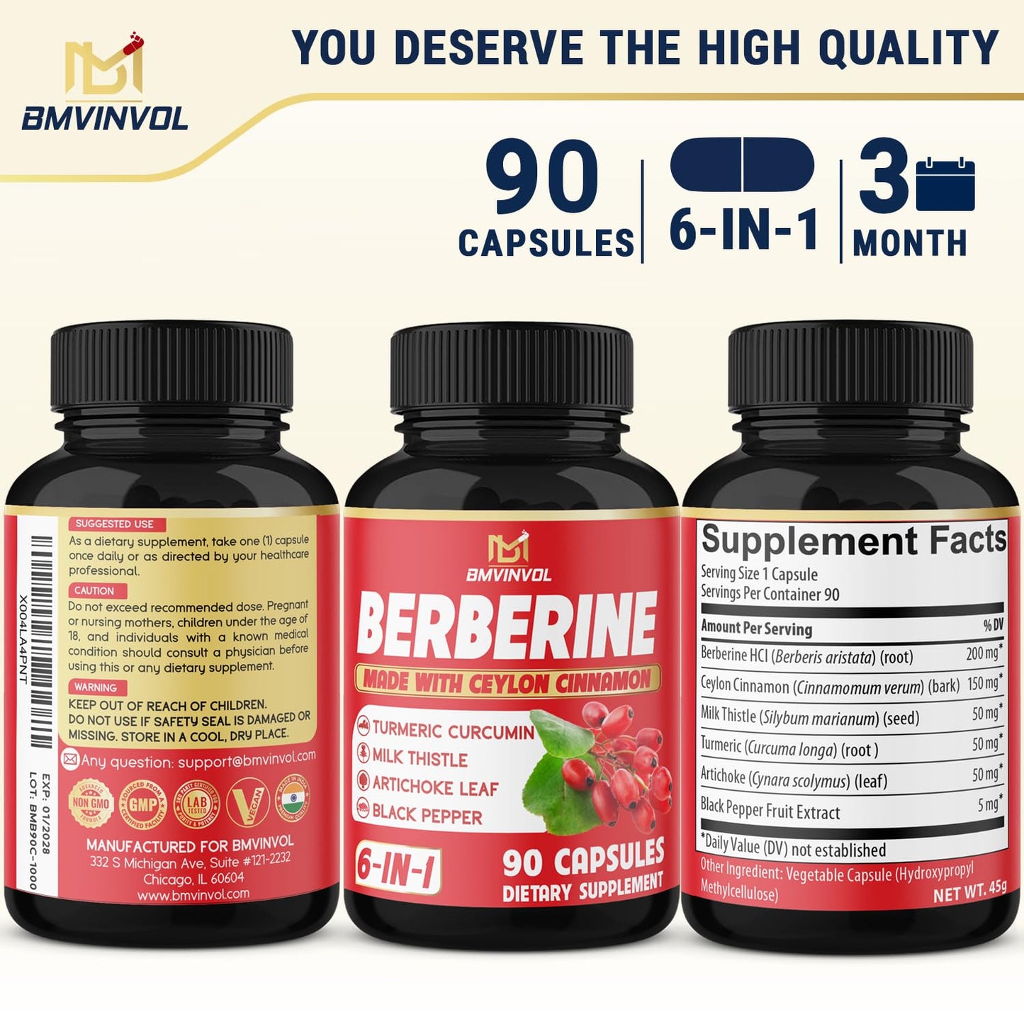 Berberine, Ceylon Cinnamon, Turmeric, Milk Thistle, Artichoke, Black Pepper - 90 Capsules for Digestion, Immunity [3-Month Supply] - Medaid International
