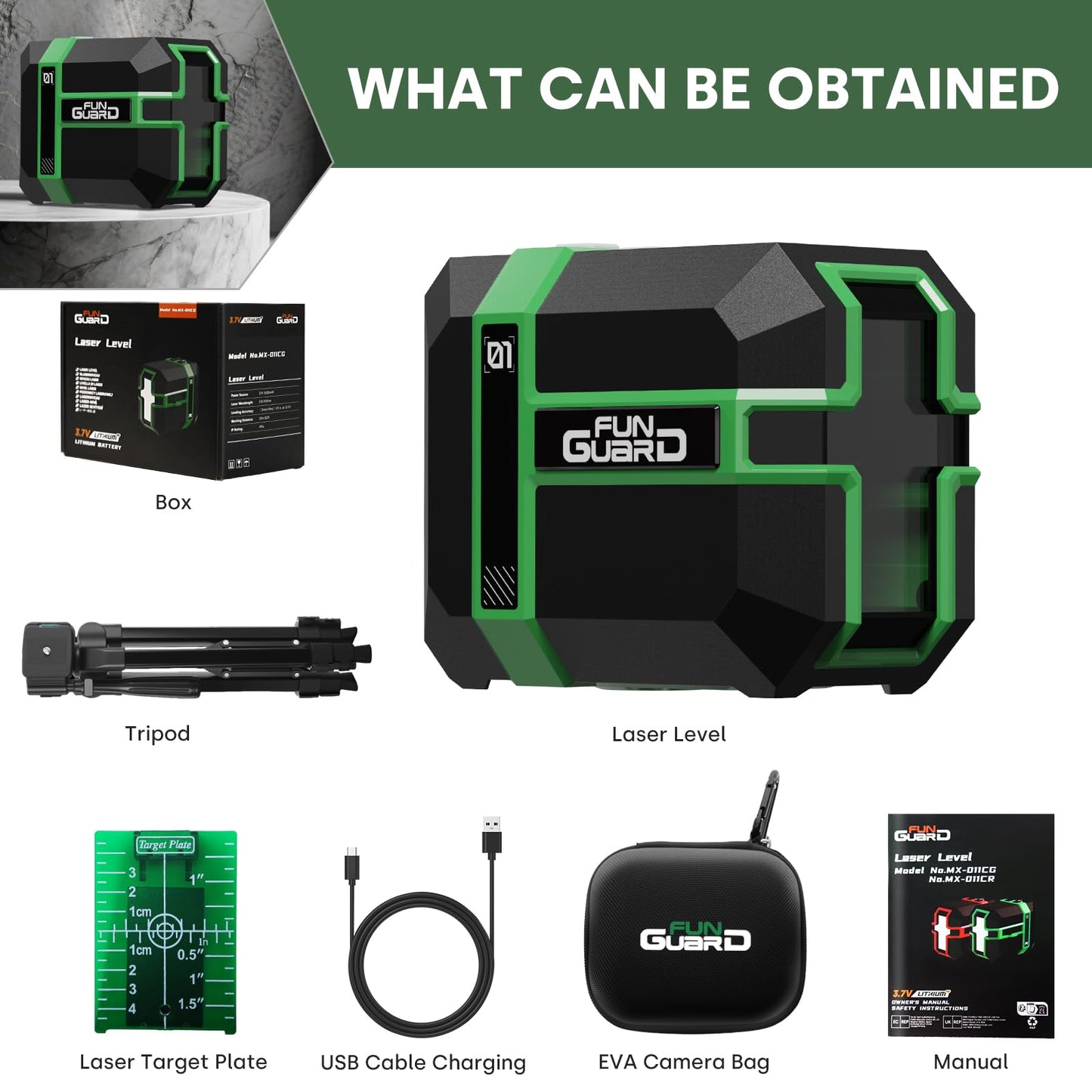 Funguard Green Laser Level with Adjustable Tripod Type-C Rechargeable Lithium Battery 360° Self Leveling Waterproof Outdoor Cross Line with Pulse Mode, Magnetic Bracket - Medaid International