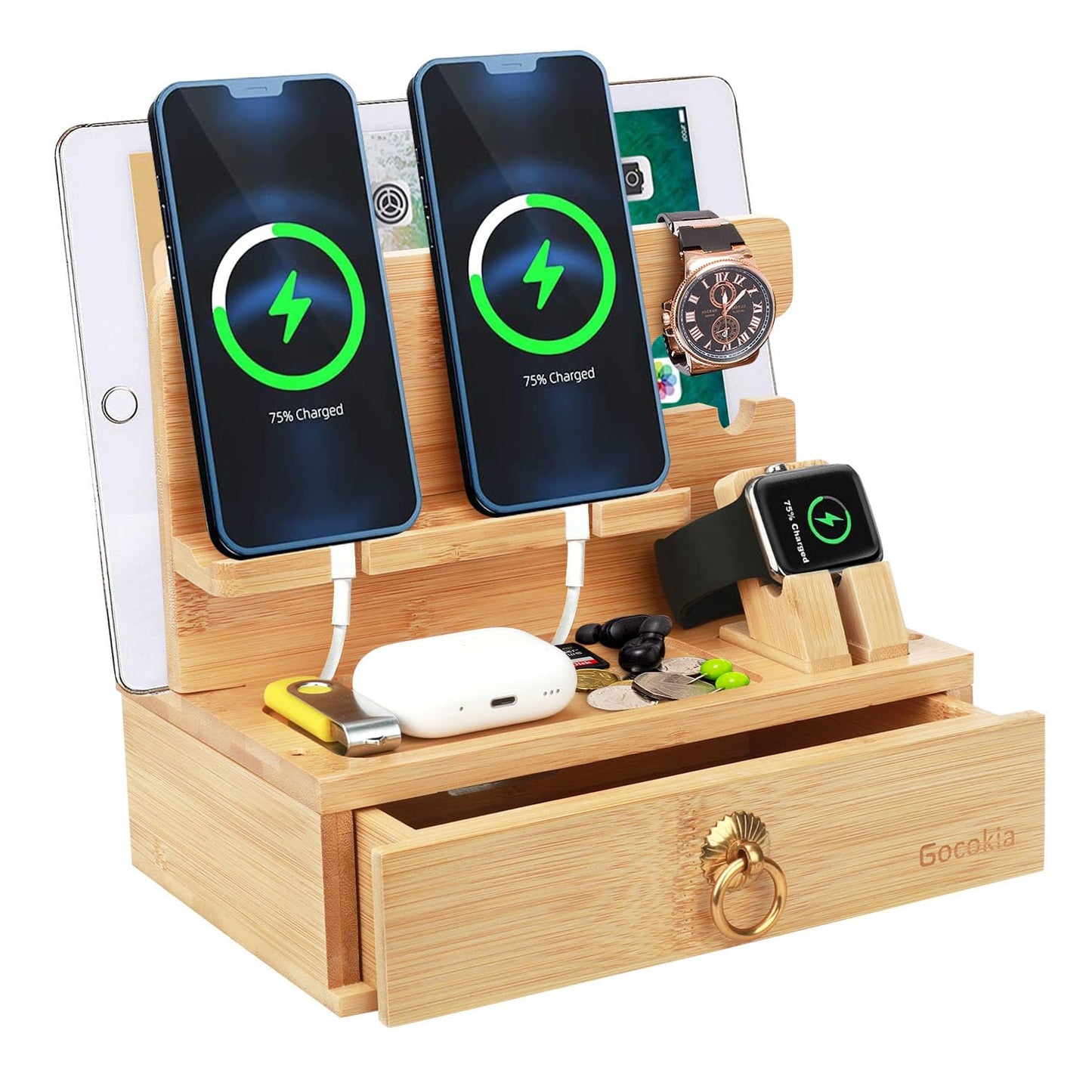 Gocokia Multifunctional Bamboo Stands, Dual Cell Phone Holder, Tablet Storage Stand, Watch Storage Hanger, Bamboo Cell Phone Holder with Drawer - Medaid International