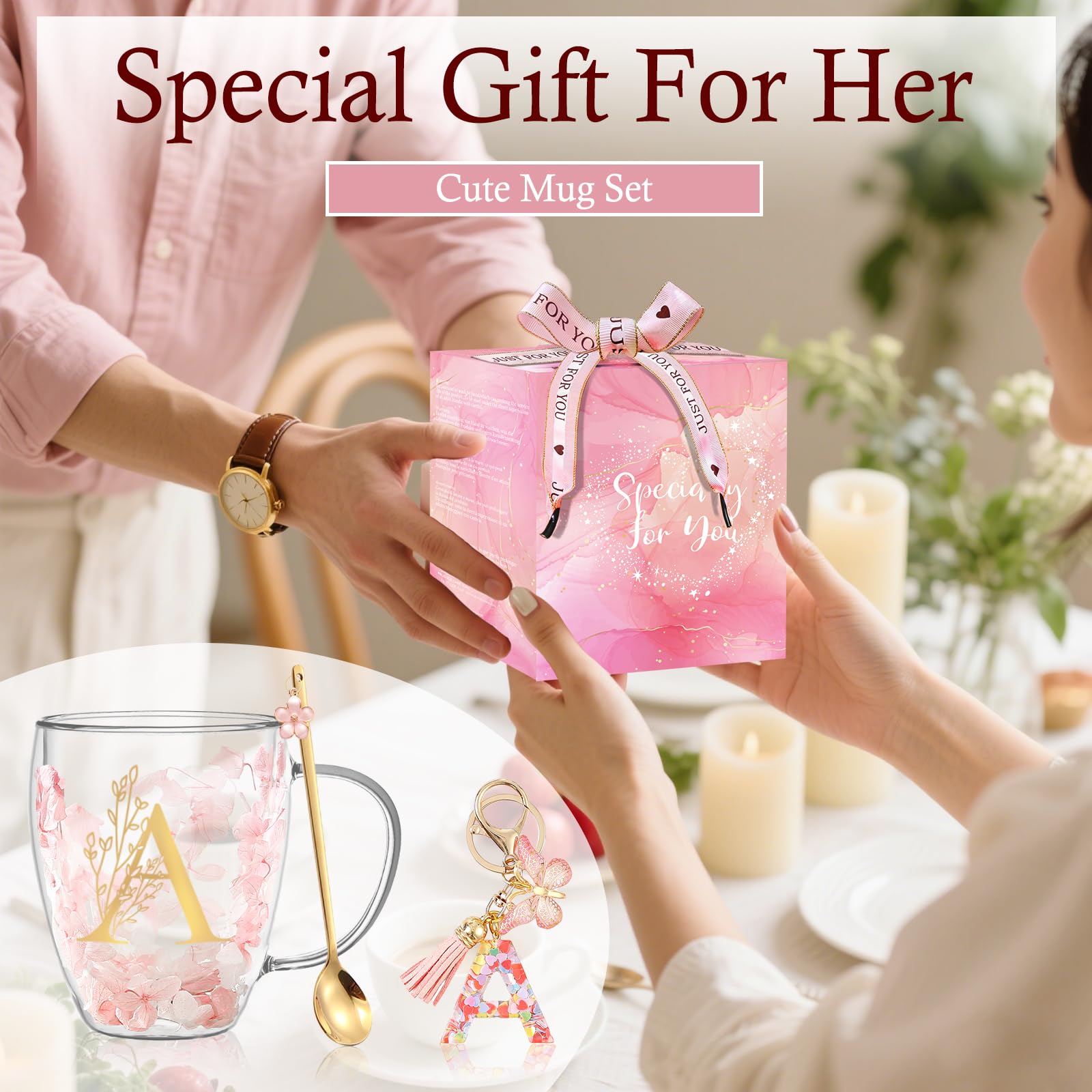 Personalized Gift for Women Cute Monogrammed Double Wall Glass Coffee Mug Tea Cup with Spoon Customized Birthday Valentine Mother's Day Christmas Gift for Mom Wife Friends Sister Coworker(Letter A) - Medaid International