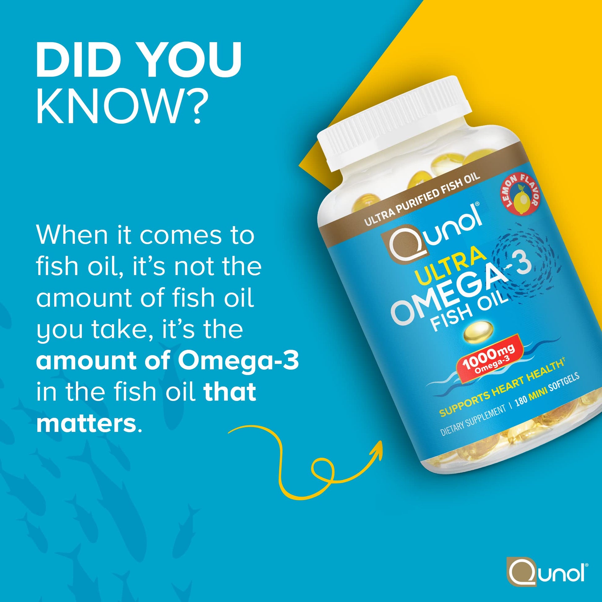 Qunol Fish Oil Omega 3 Mini Softgels, 1000mg Omega 3 EPA + DHA, Ultra Pure Supplements, Heart Health Support, Lemon Flavor, Easy to Swallow Minis, 3 Month Supply, 180 Count - Medaid International