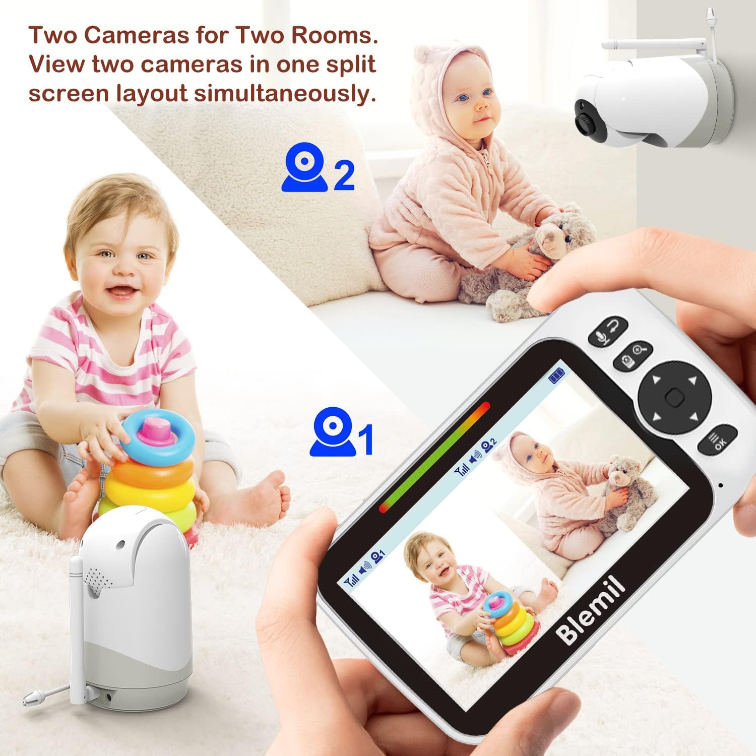 Blemil Upgrade Baby Monitor with 30-Hour Battery, 5" Large Split-Screen Video Baby Monitor with 2 Cameras and Audio, Remote Pan/Tilt/Zoom, Two-Way Talk, Room Temperature, Auto Night Vision - Medaid International