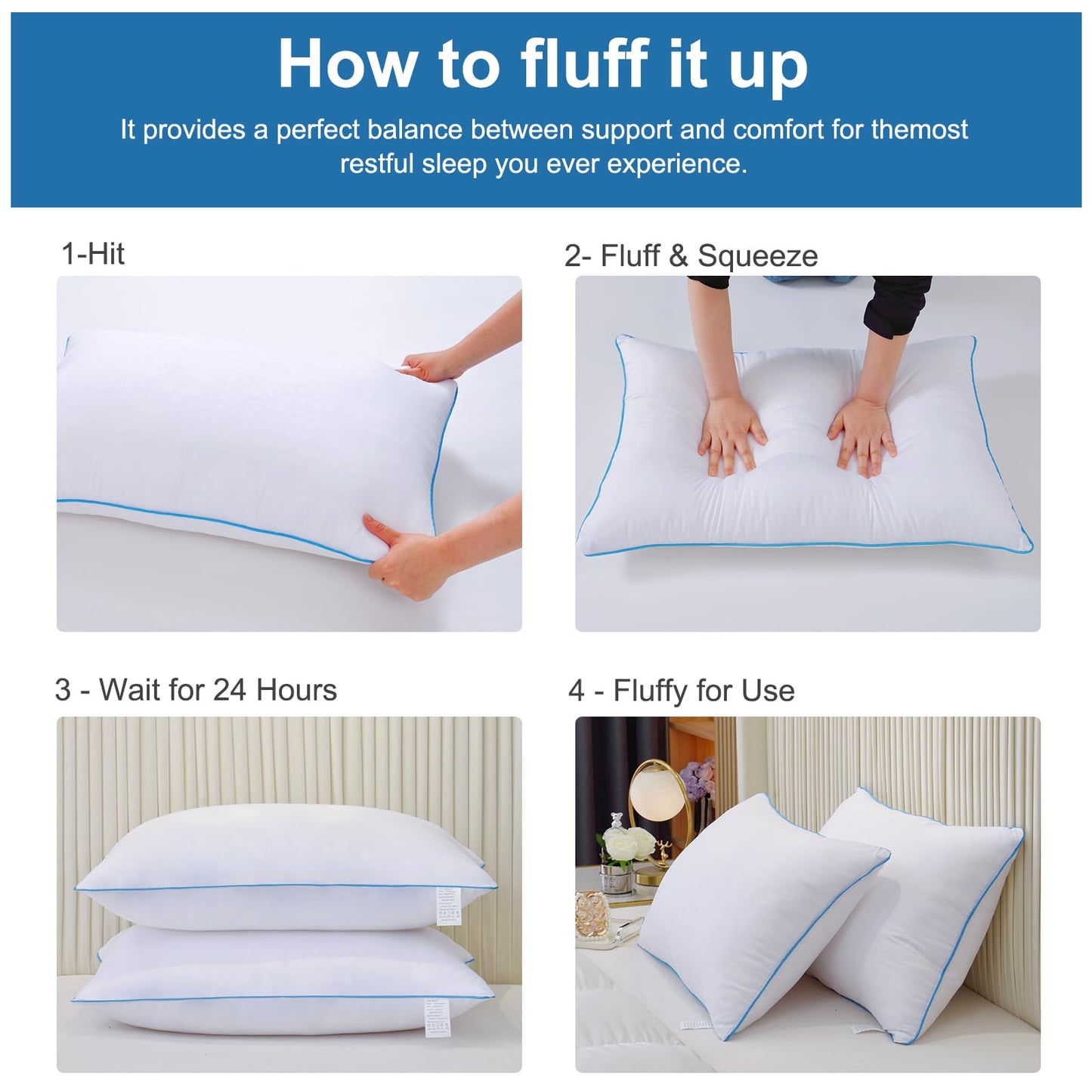 Uniqwamer Bed Pillows for Sleeping 4 Pack - Luxury Hotel Quality Pillows Standard Size Set of 4 - Cooling Pillows with Premium Plush Soft Down Alternative Fill for Back Side Sleepers - Medaid International