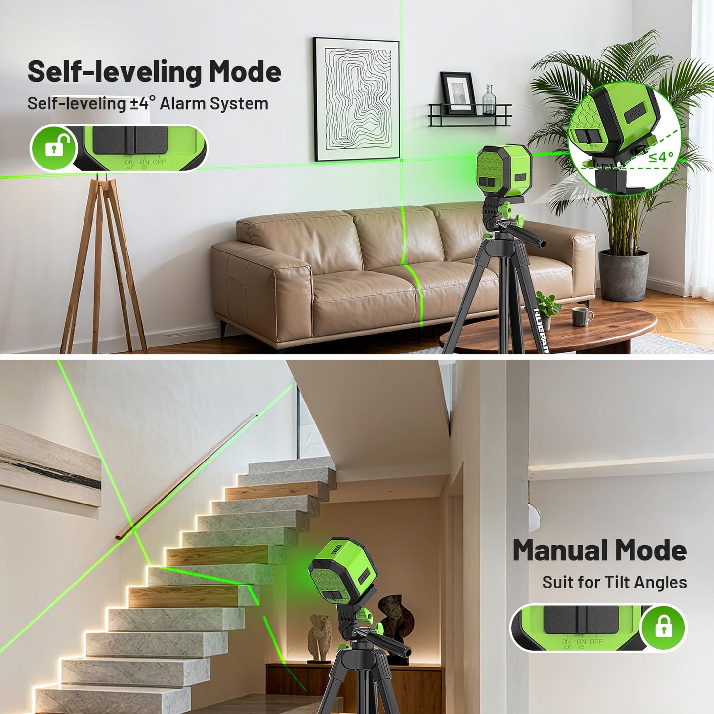 Laser Level with 60 Inch Tripod, Huepar 100Ft Self Leveling Laser Level Rechargeable Green Cross Line Lazer Leveler Tool for Picture Hanging, Tile, Home Renovation, 360° Magnetic Bracket &Target Plate - Medaid International
