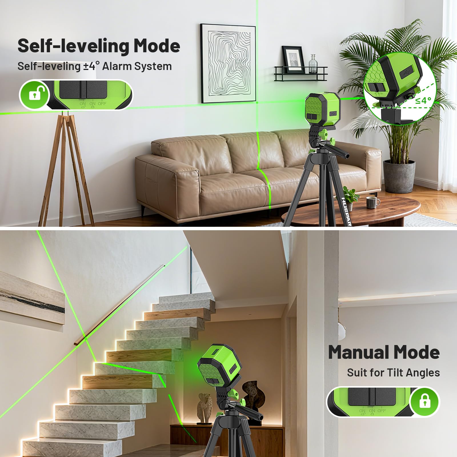 Laser Level with 60 Inch Tripod, Huepar 100Ft Self Leveling Laser Level Rechargeable Green Cross Line Lazer Leveler Tool for Picture Hanging, Tile, Home Renovation, 360° Magnetic Bracket &Target Plate - Medaid International