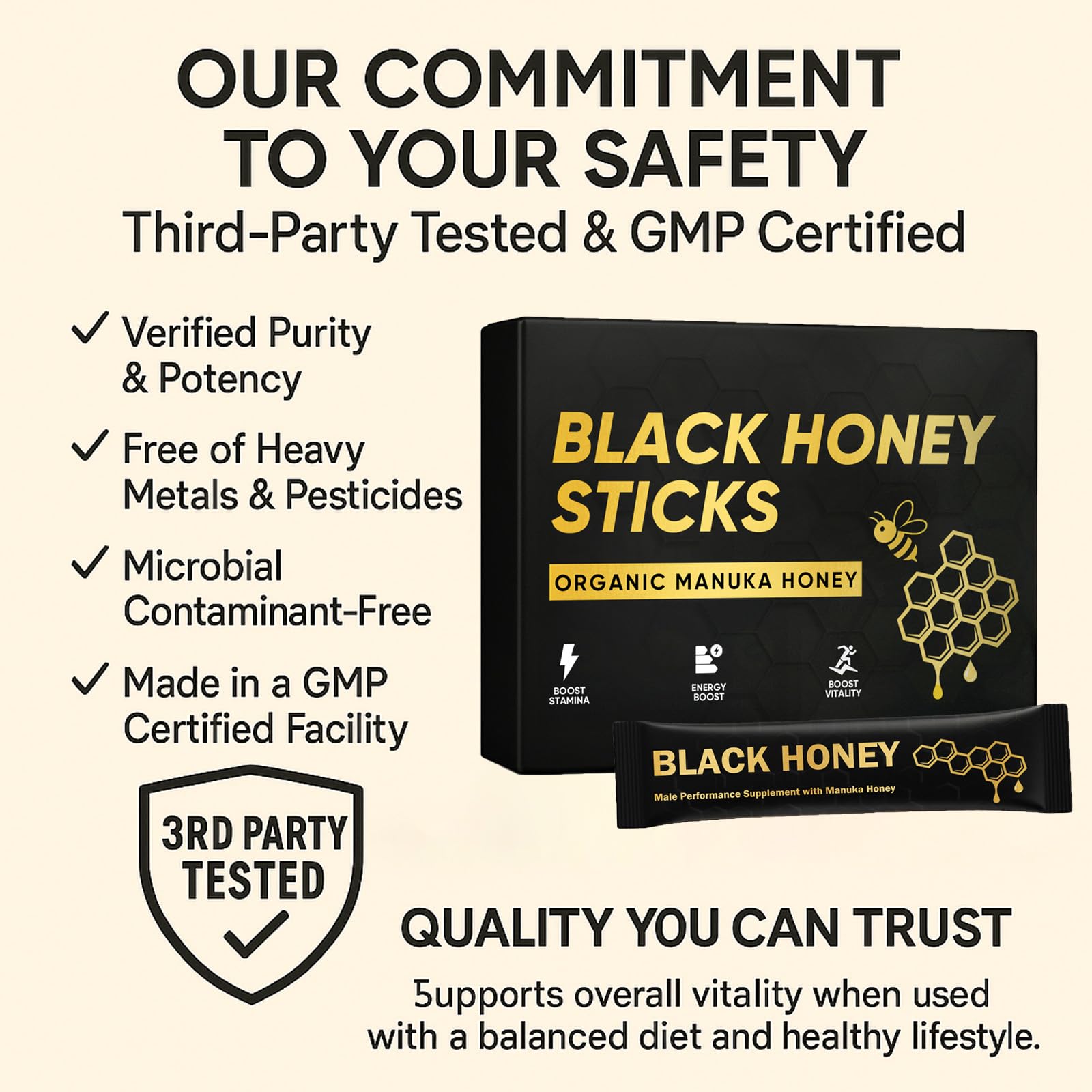 Black Honey Sticks Natural Energy & Vitality Packs – Raw Organic Honey with Maca, Ginseng & Black Ginger Extracts, Travel-Size Sachets, Male Wellness & Daily Support (Box of 10) - Medaid International