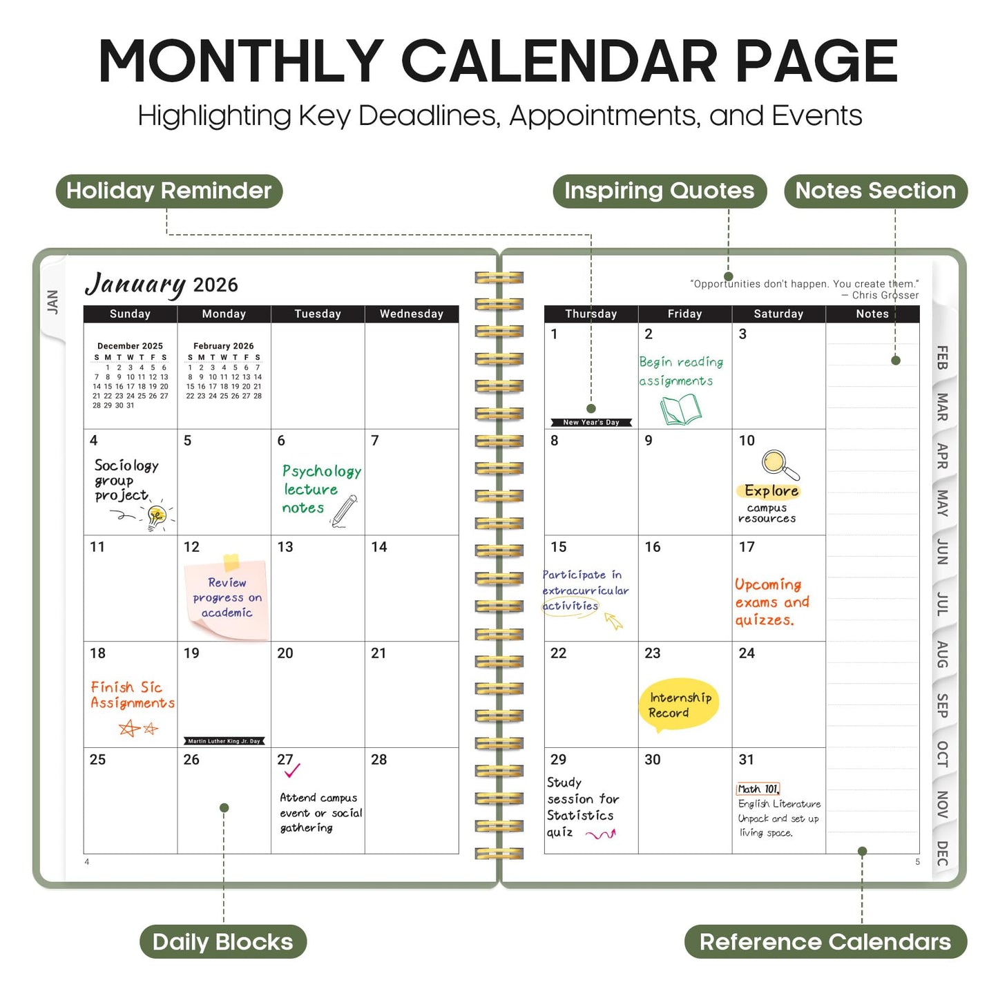 2026 Planner, Weekly and Monthly Calender Planner, Jan 2026 to Dec 2026, Hardcover 2026 Calendar Planner Book with Tabs & Inner Pocket, Office Home School Supplies for Women & Men - A5 (6.3" x 8.5"), Green - Medaid International