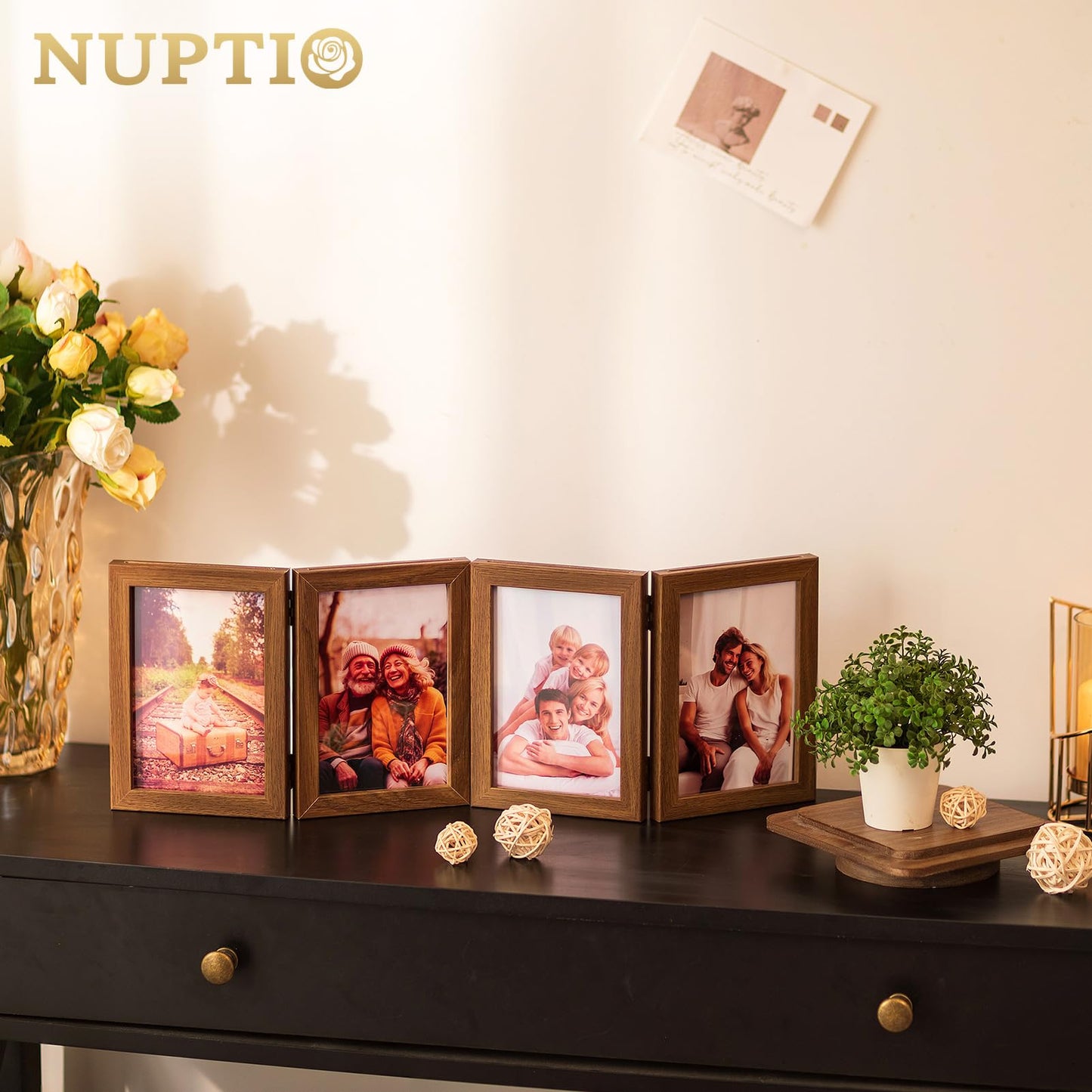 NUPTIO Rotating Picture Frames Cube: 4x6 Inch Double Wooden Brown Photo Frame for Wedding Christmas Birthday Anniversary Office Home Desk - Medaid International