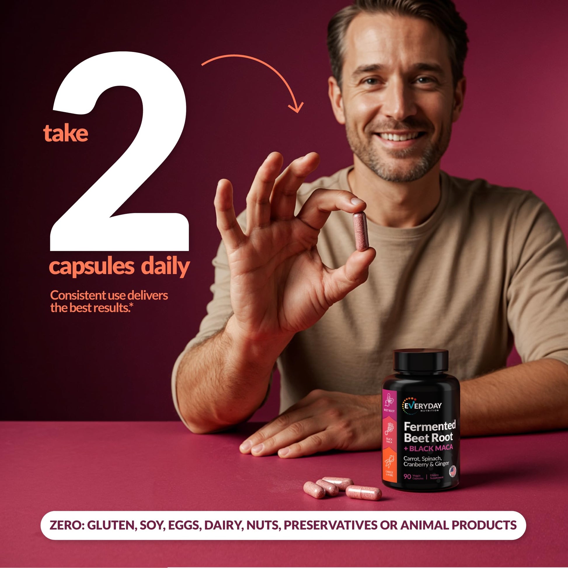 EVERYDAY NUTRITION Organic Fermented Beet Root, Black Maca, Carrot, Spinach, Cranberry, Ginger |Enhanced Overall Health for Women & Men | Made in USA | 90 Veggie Capsules - Medaid International