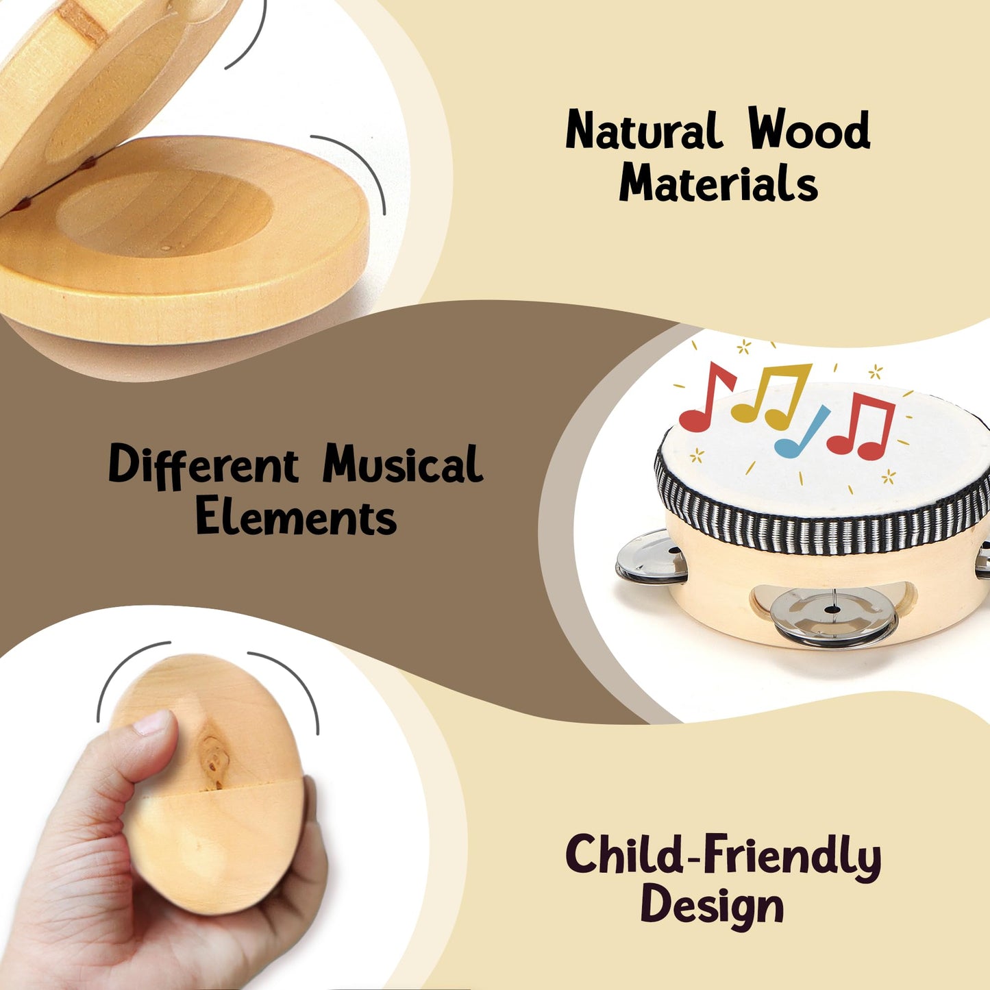 Natural Wood Baby Toys - Musical Toys for Toddlers 1-3: Toddler Musical Instruments Set of 5 in 1, with a Tambourine, Egg Shaker, Castanet, Maracas and Xylophone for Kids at All Ages - Medaid International