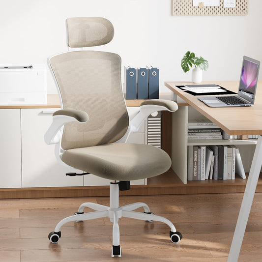 High Back Office Chair with Adjustable Lumbar Support & Headrest, Ergonomic Mesh Desk Chair with Flip-Up Armrests, Breathable & Comfortable Computer Chair for Home, Office & Study, Khaki - Medaid International